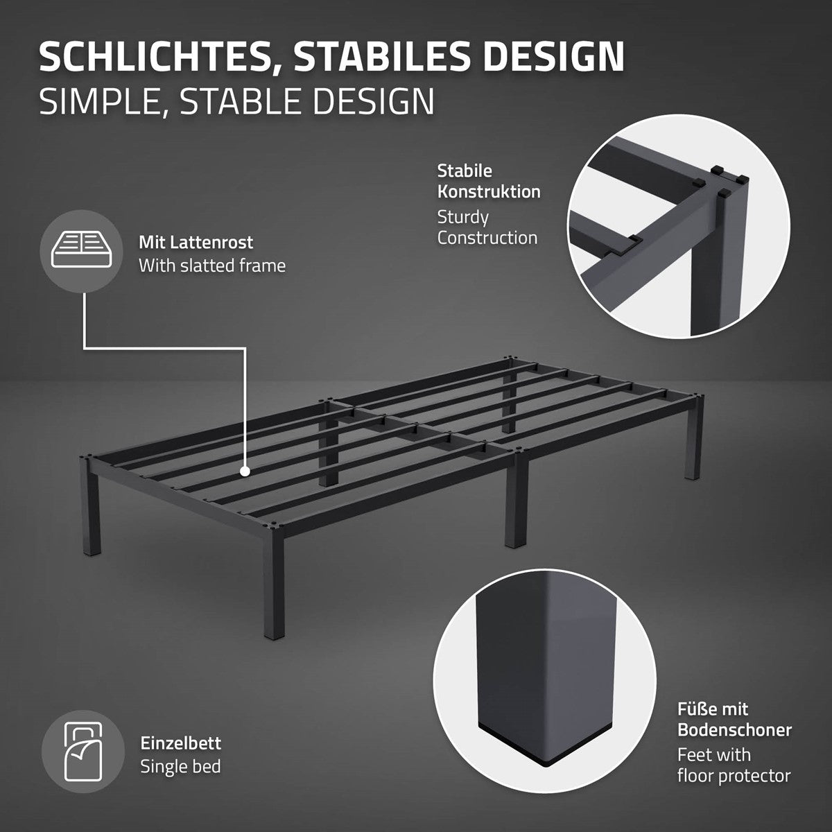 Stevig bedframe met lattenbodem en vloerbeschermers.