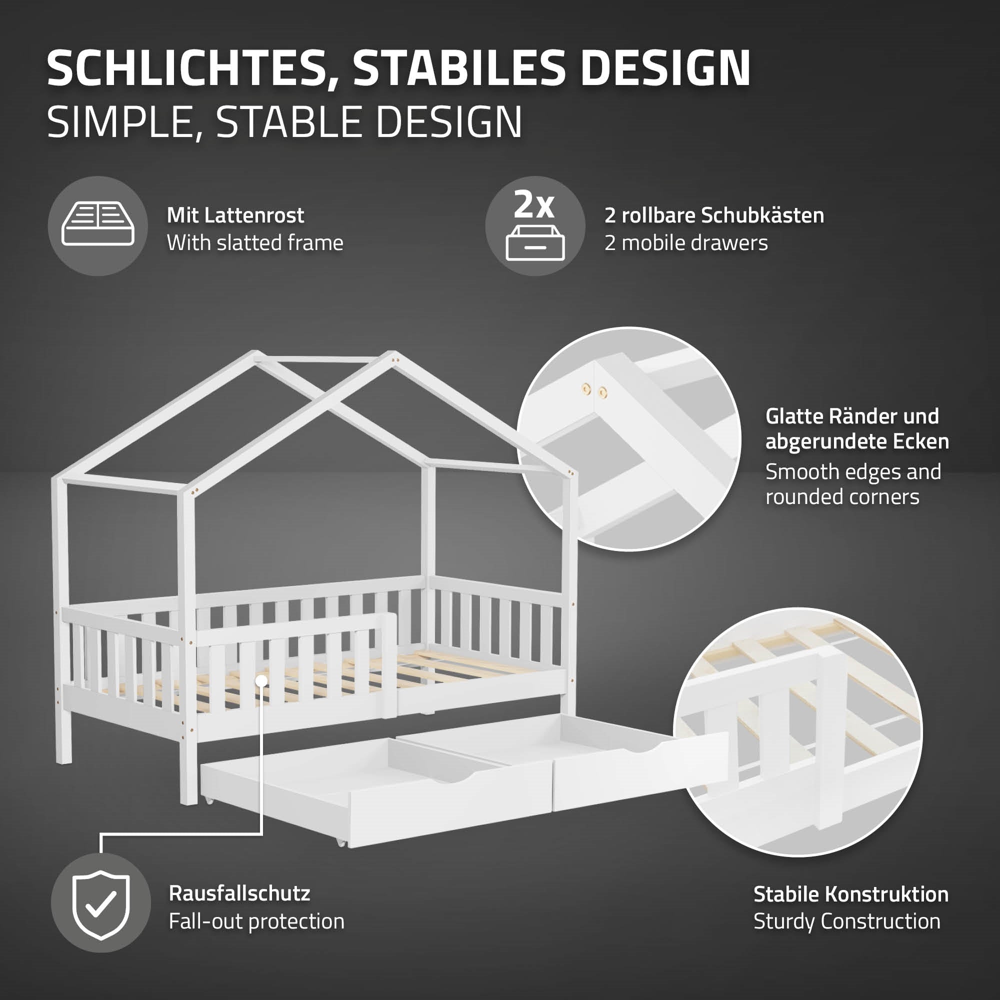 Illustration des Kinderbetts mit stabilen Design und Schubladen.