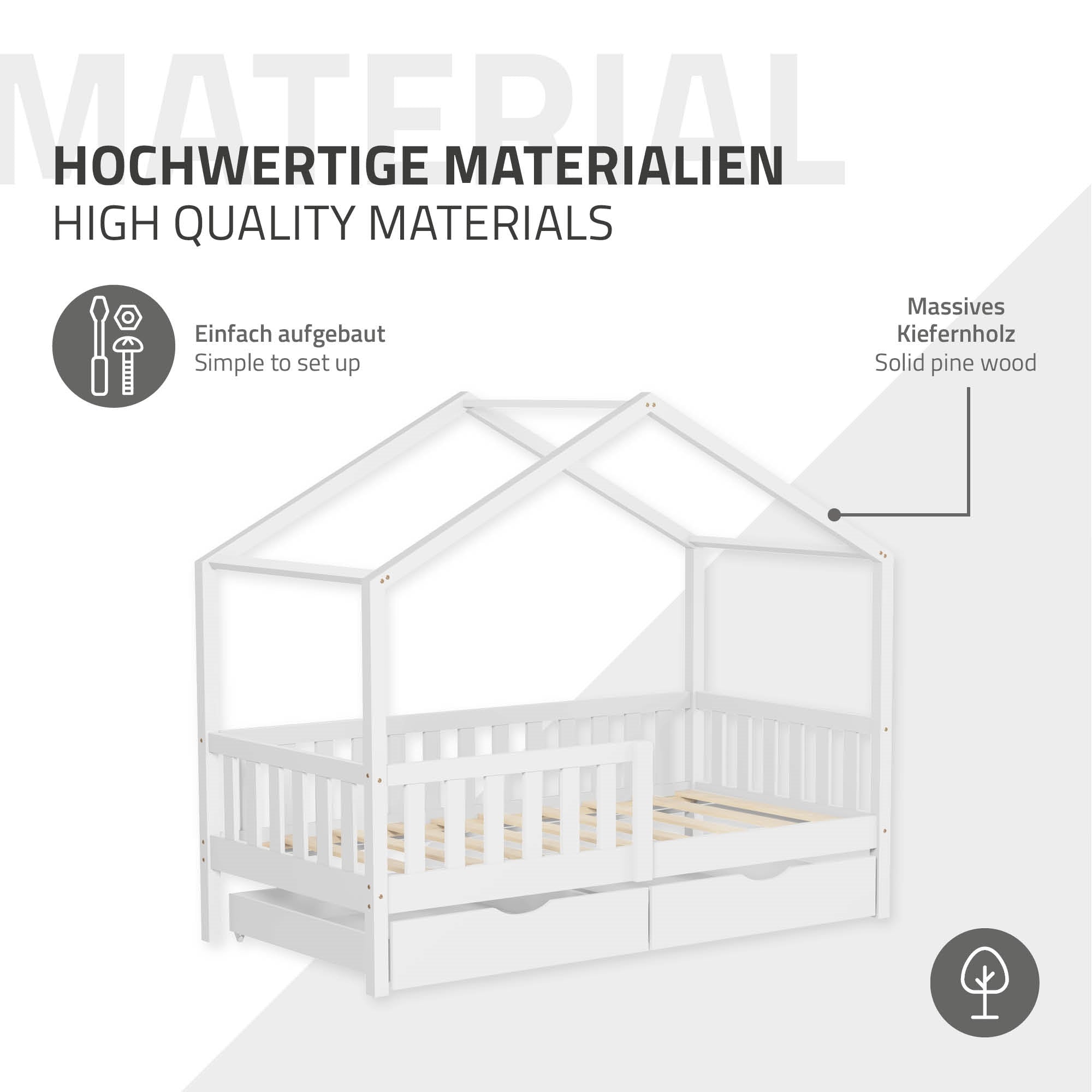 Weißes Kinderbett aus massivem Kiefernholz mit Dach und Schubladen.