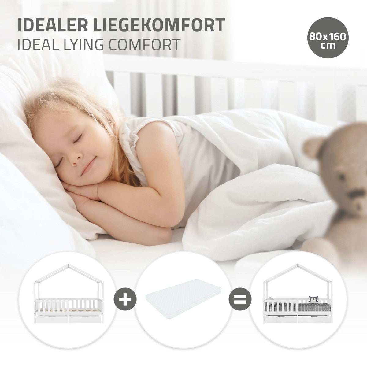 Ein schlafendes Kind auf einem Bett mit einer Matratze und einer Decke.