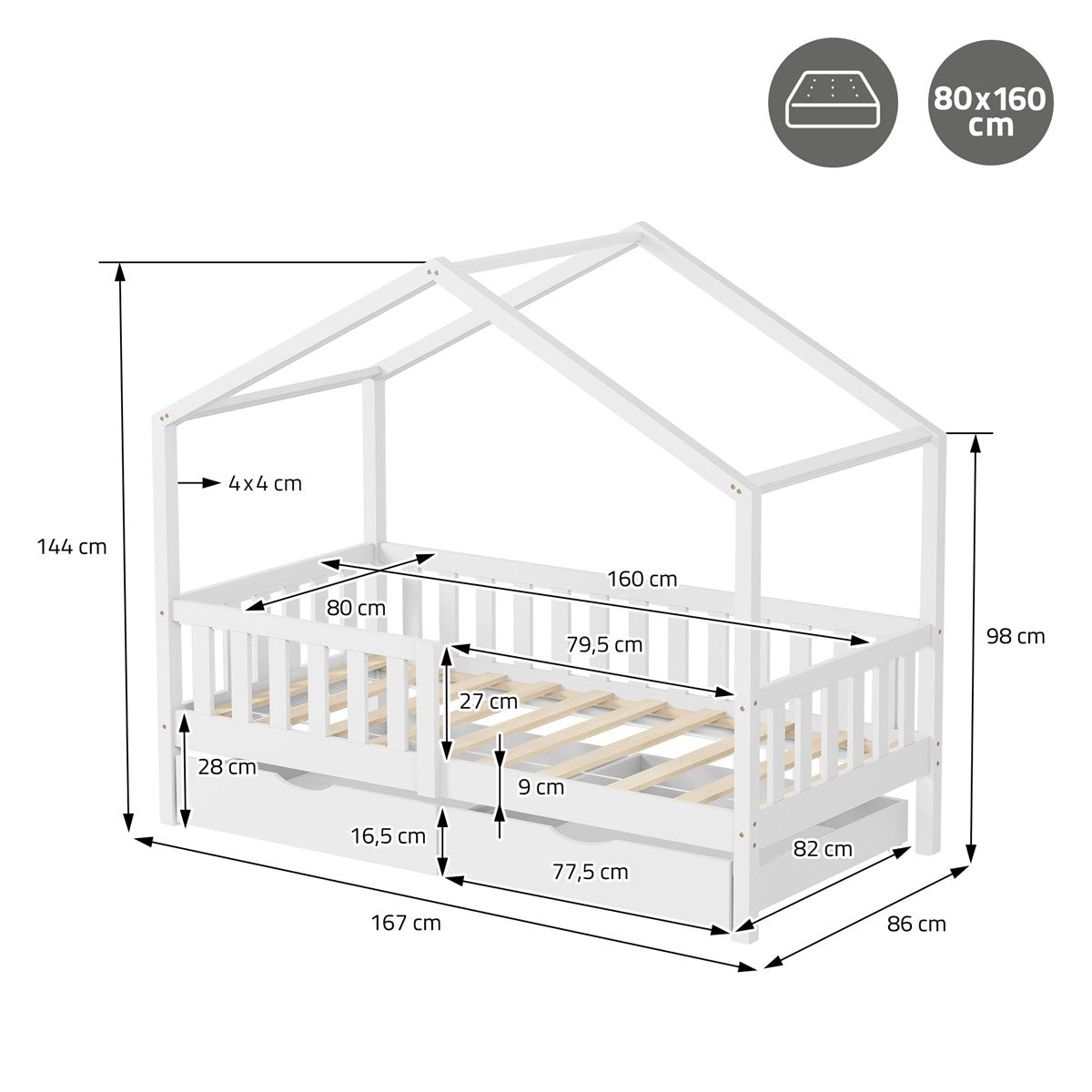 Bett mit Hausdach, Maße und Details in der Grafik.