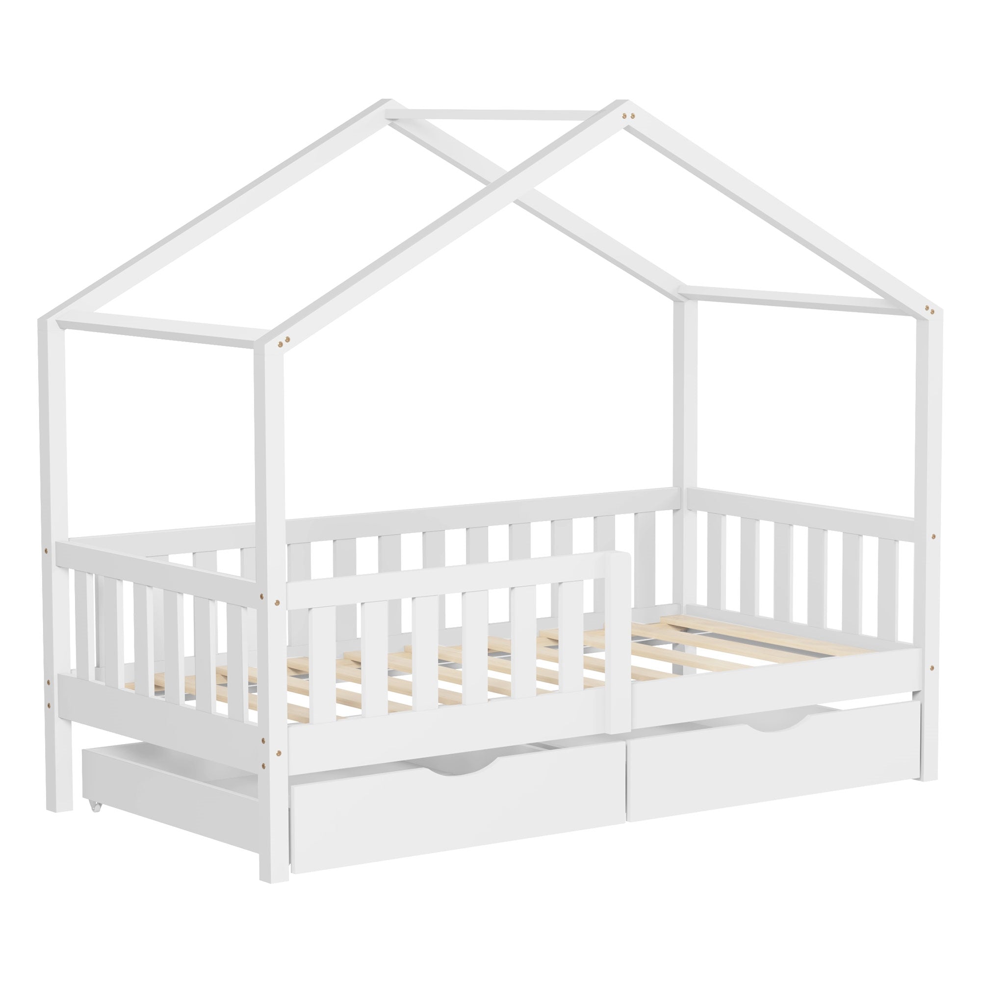 Weißes Kinderbett im Hausdesign mit zwei Schubladen.