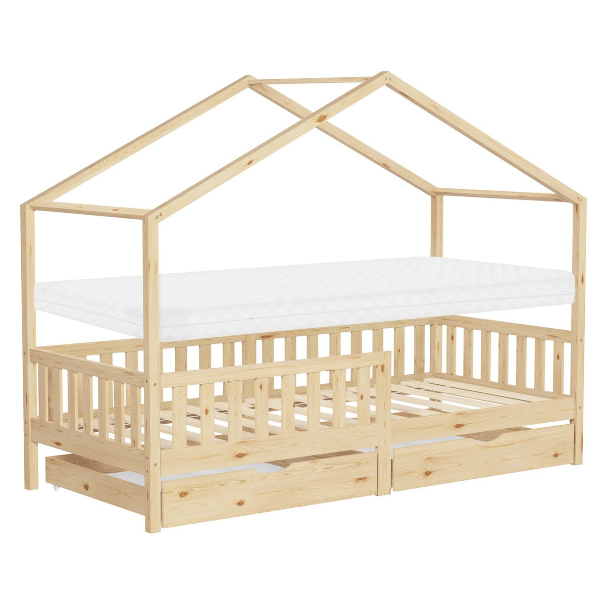 Holzbett mit Dachkonstruktion und Matratze, darunter ein weiteres Bett.