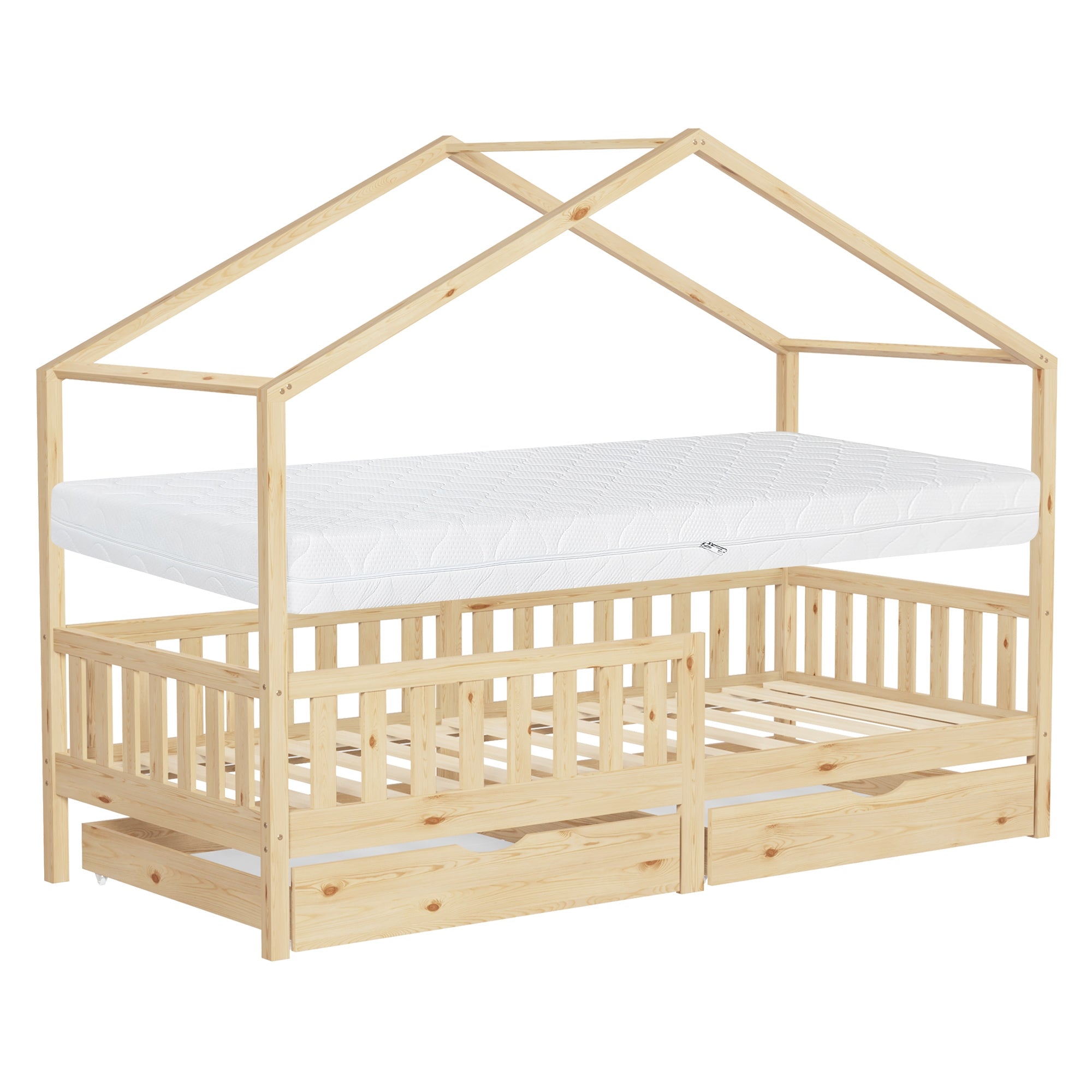 Holz-Kinderbett mit Matratze in einer klaren Ansicht.