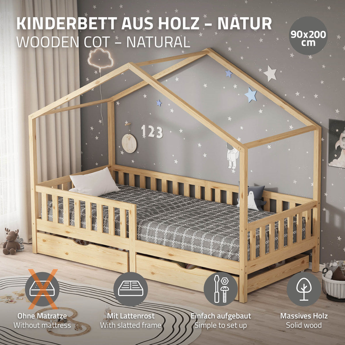 Holz-Kinderbett mit Dachstruktur und Matratze.