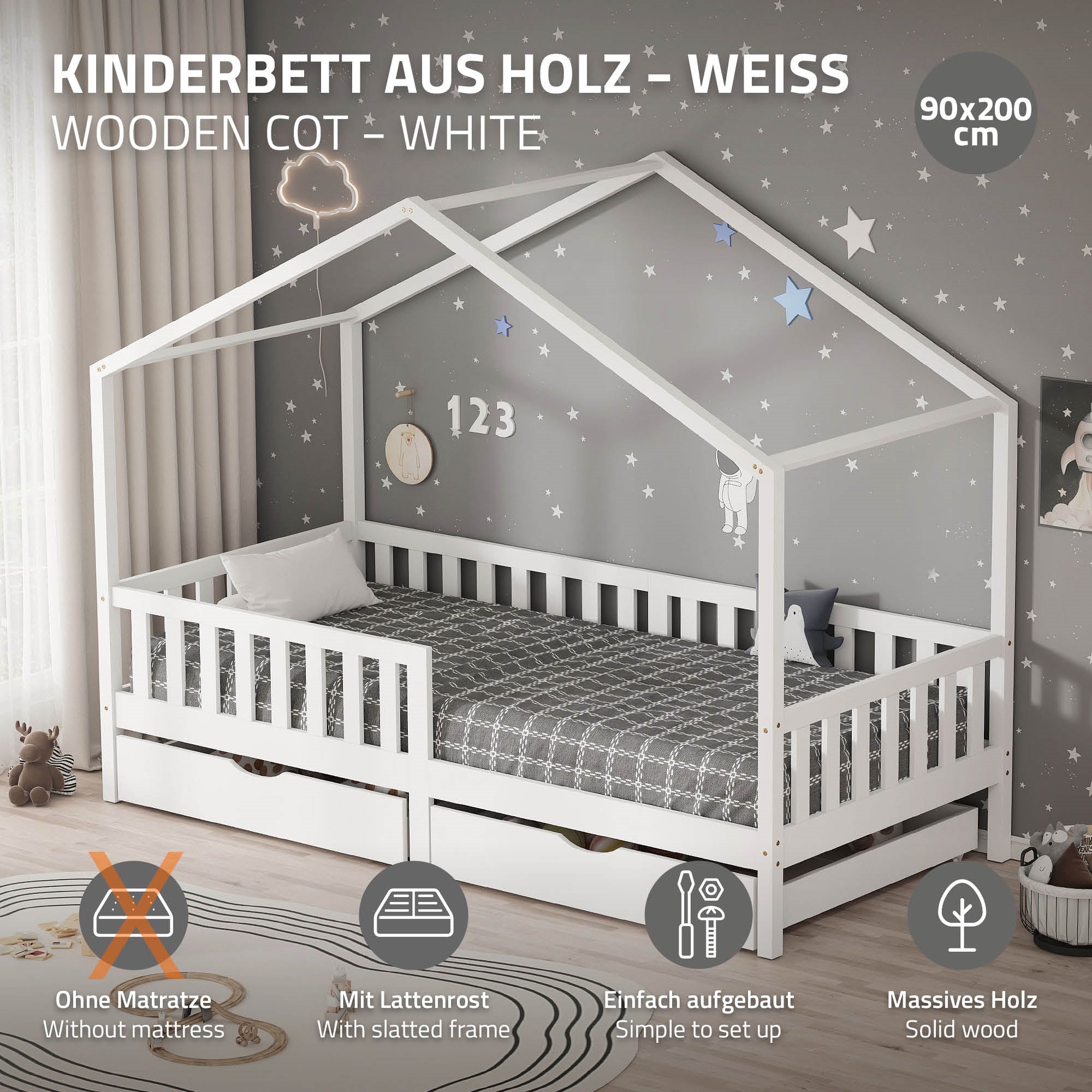 Weißes Kinderbett aus Holz mit Dach, Matratze und Lattengestell.