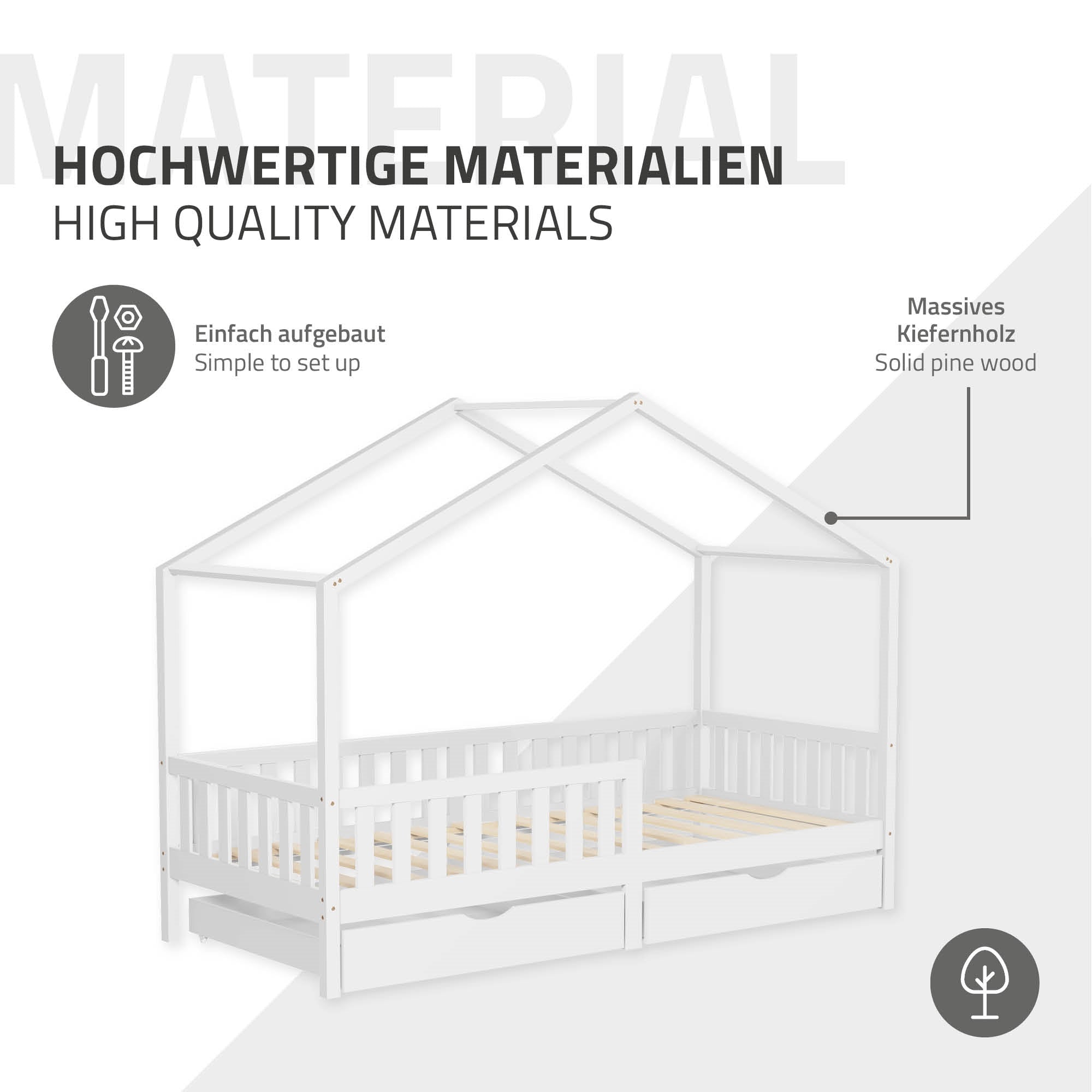 Grafik eines Kinderbettes aus massivem Kiefernholz mit Schubladen.