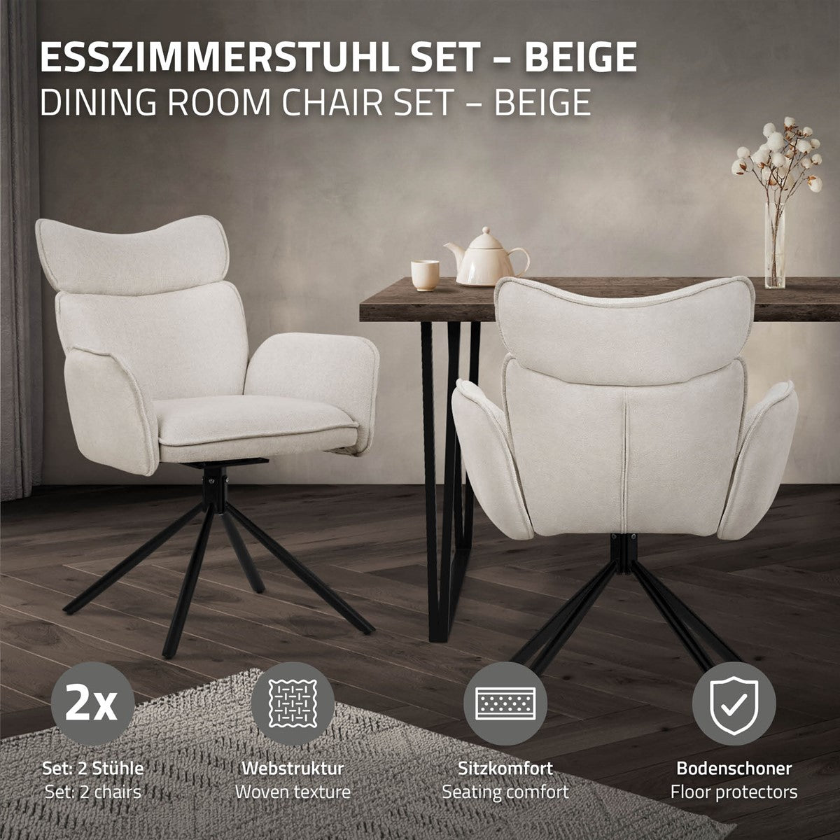Set da pranzo beige con due sedie e un tavolo.