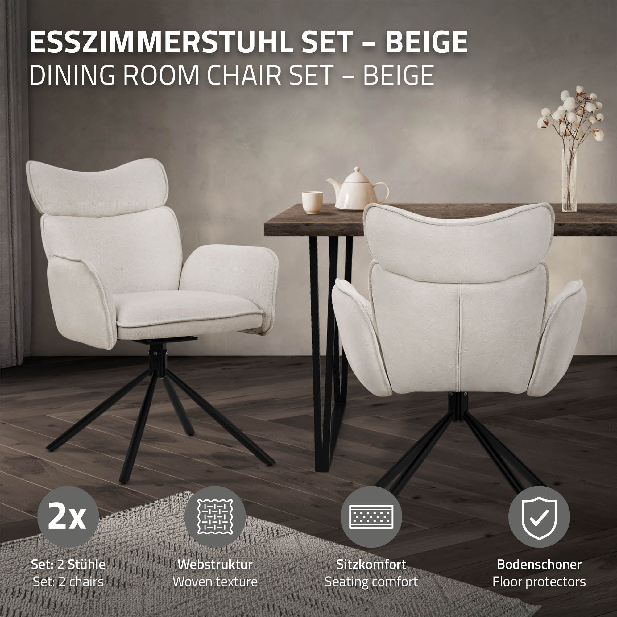 Beige Esszimmerstuhlgruppe mit zwei Stühlen und Tisch.