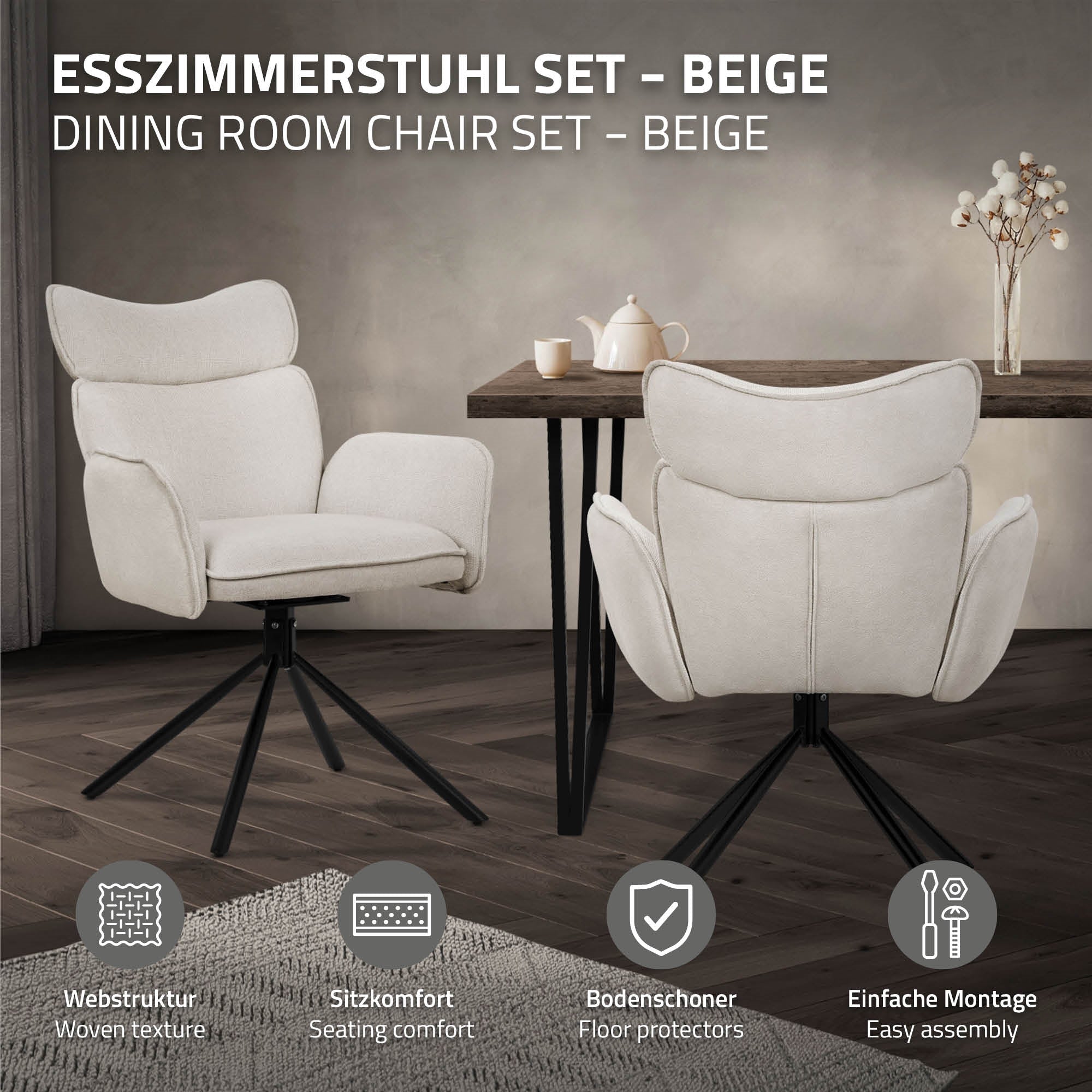 Beige étkezőszék egy asztal előtt teáskannával.