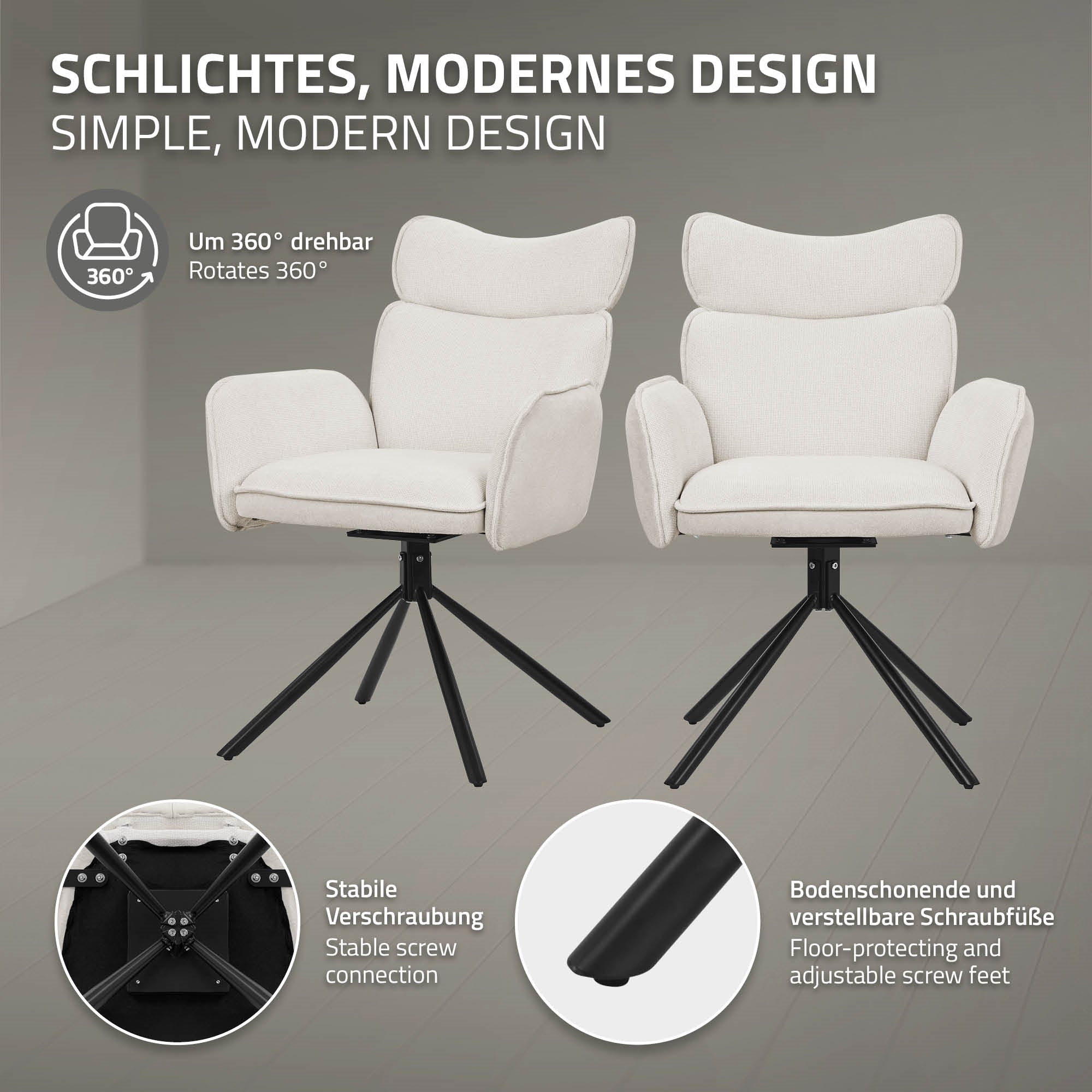 Zwei moderne Stühle mit drehbarem Design auf einem grauen Hintergrund.