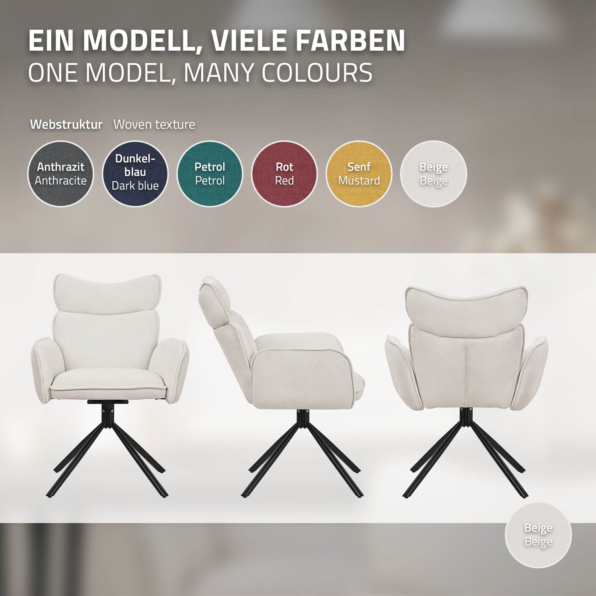 Stuhlmodell in verschiedenen Farben, gezeigt von mehreren Seiten.