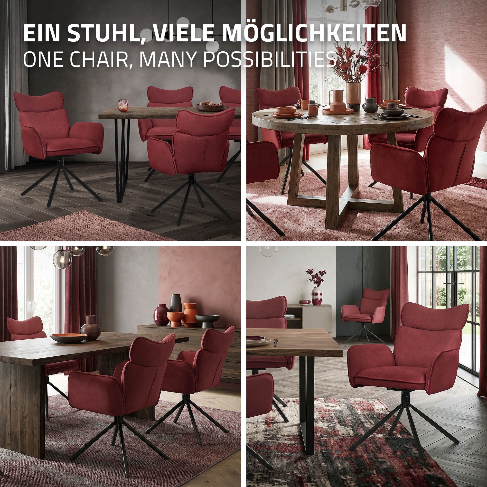 Vier rote Stühle um einen Holztisch in einem modernen Essbereich.
