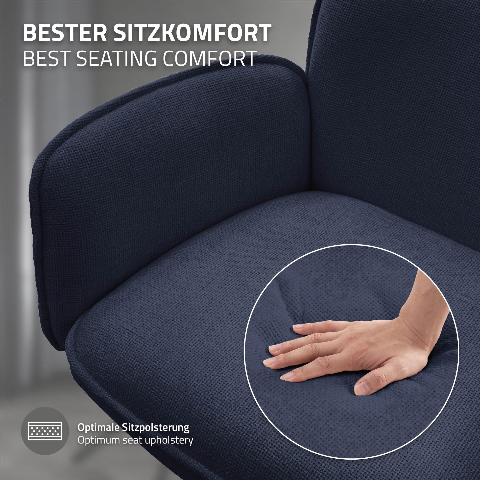 Nahaufnahme einer Hand auf einem blauen Stuhlpolster.