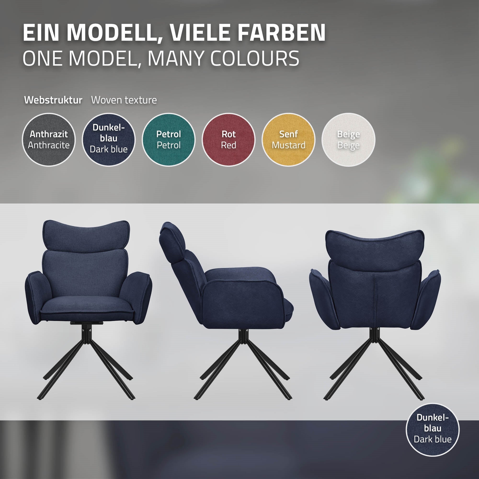 Drei Ansichten eines blauen Stuhls mit verschiedenen Farboptionen.