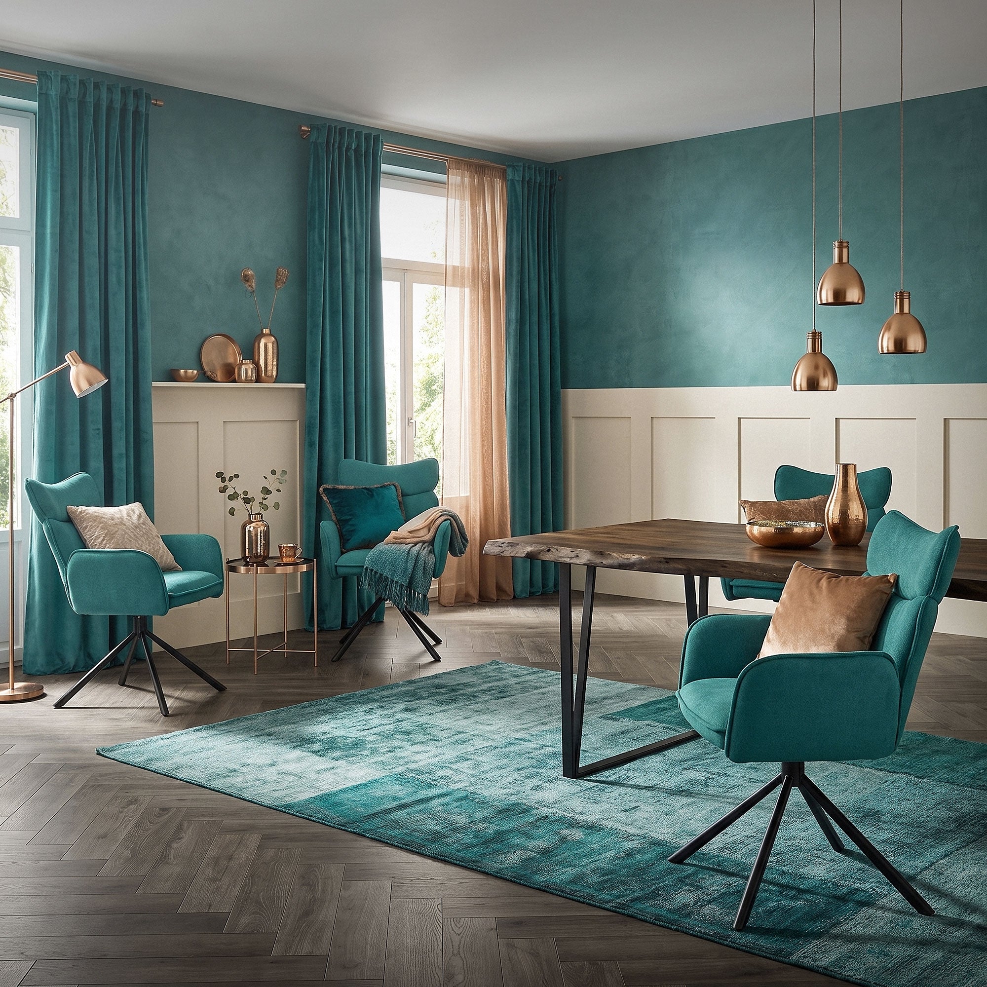Salon avec des chaises turquoise, une table et des éléments décoratifs.