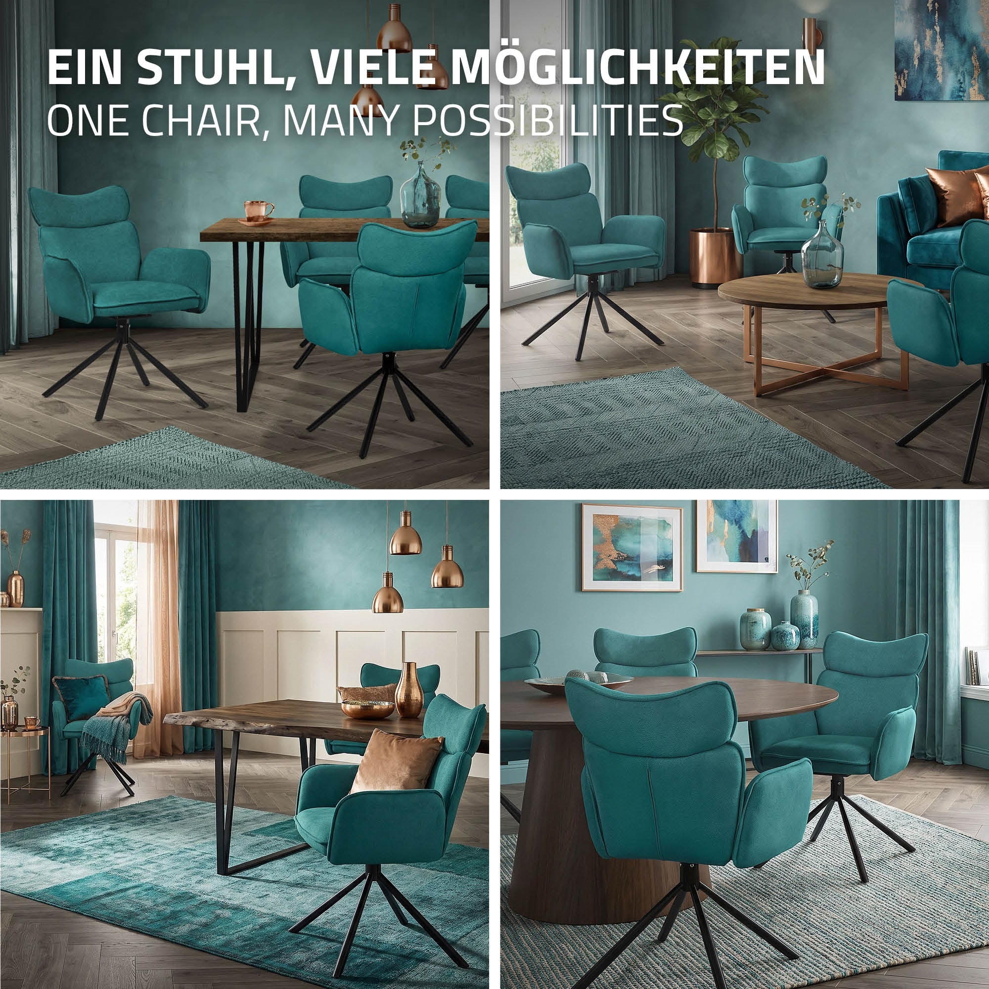 Différentes vues d'une chaise de salle à manger verte dans une pièce élégante.