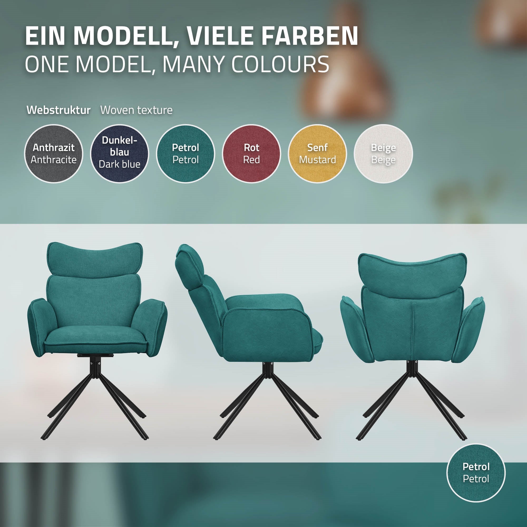 Une chaise de différentes couleurs : anthracite, bleu foncé, pétrole, rouge, moutarde, beige.