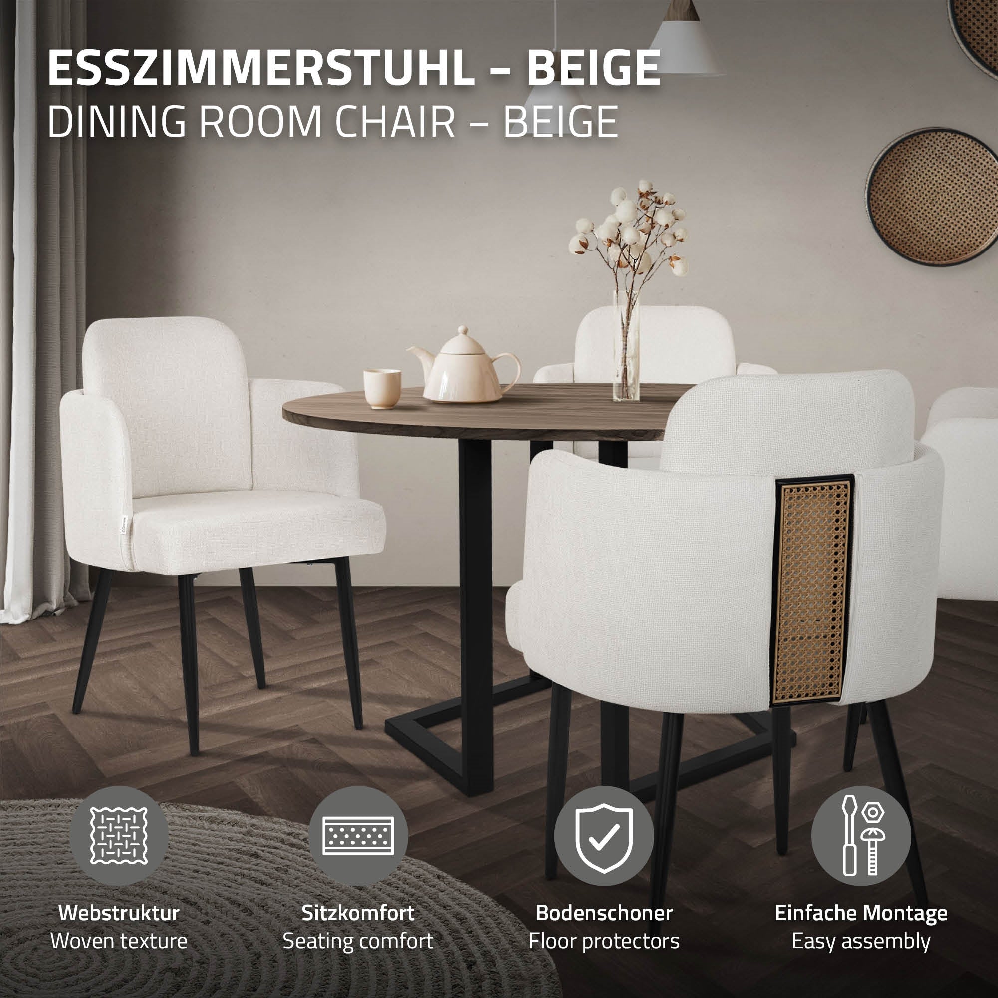 Beige Esszimmerstuhl an einem Tisch, mit Teekanne und Tassen.