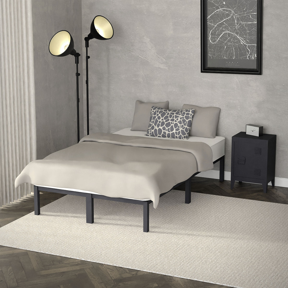 Struttura del letto con materasso, cuscino e comodino nella stanza.