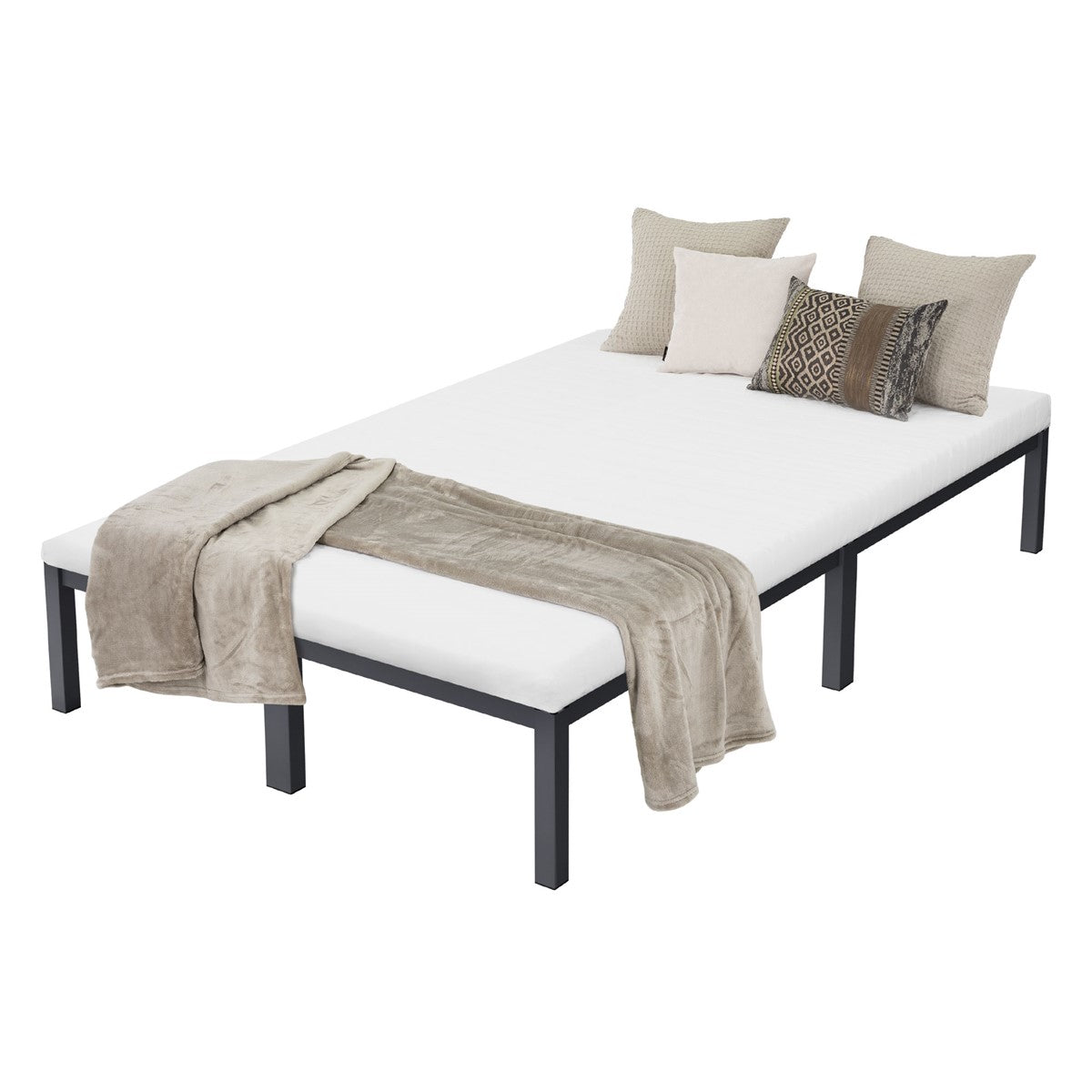 Una semplice struttura letto con una coperta e un cuscino, senza materasso.