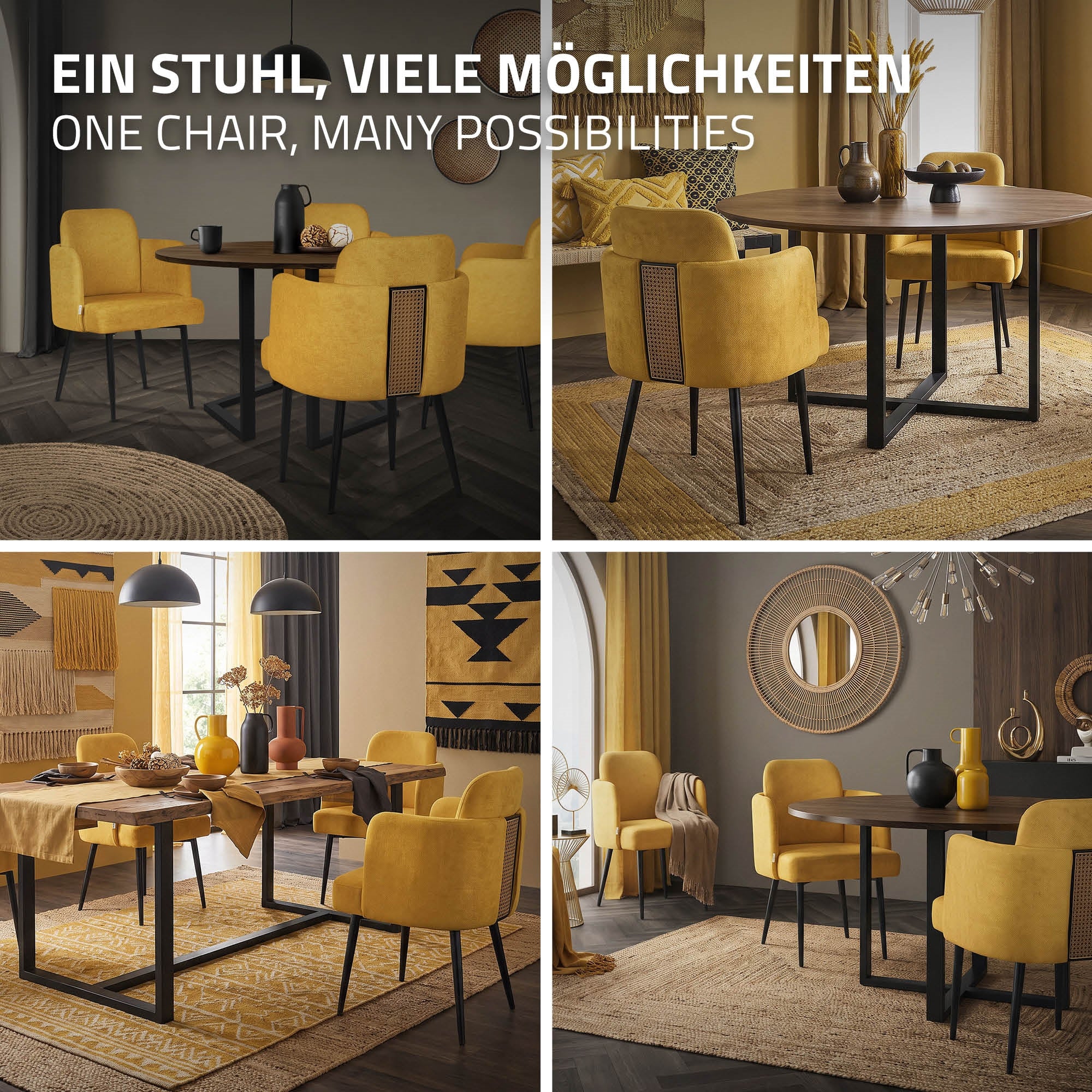 Collage von Essbereichen mit gelben Stühlen und verschiedenen Tischanordnungen.