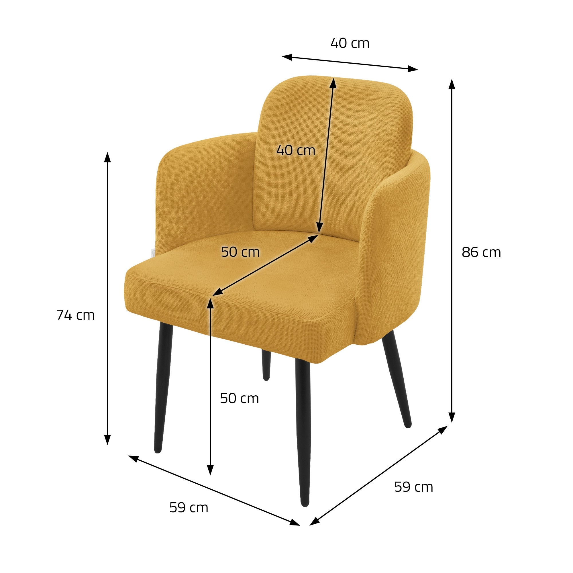 Gelber Stuhl mit Maßen: 40 cm Breite, 50 cm Tiefe, 86 cm Höhe.