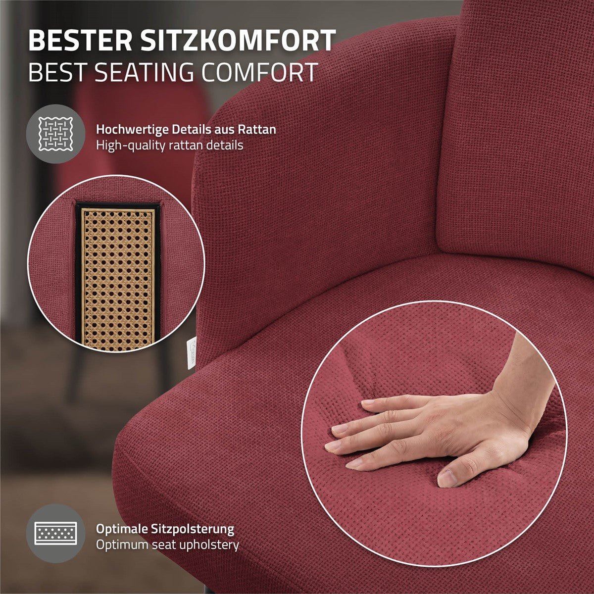 Gros plan d’une chaise rouge avec des détails en rotin et une main posée sur l’assise.