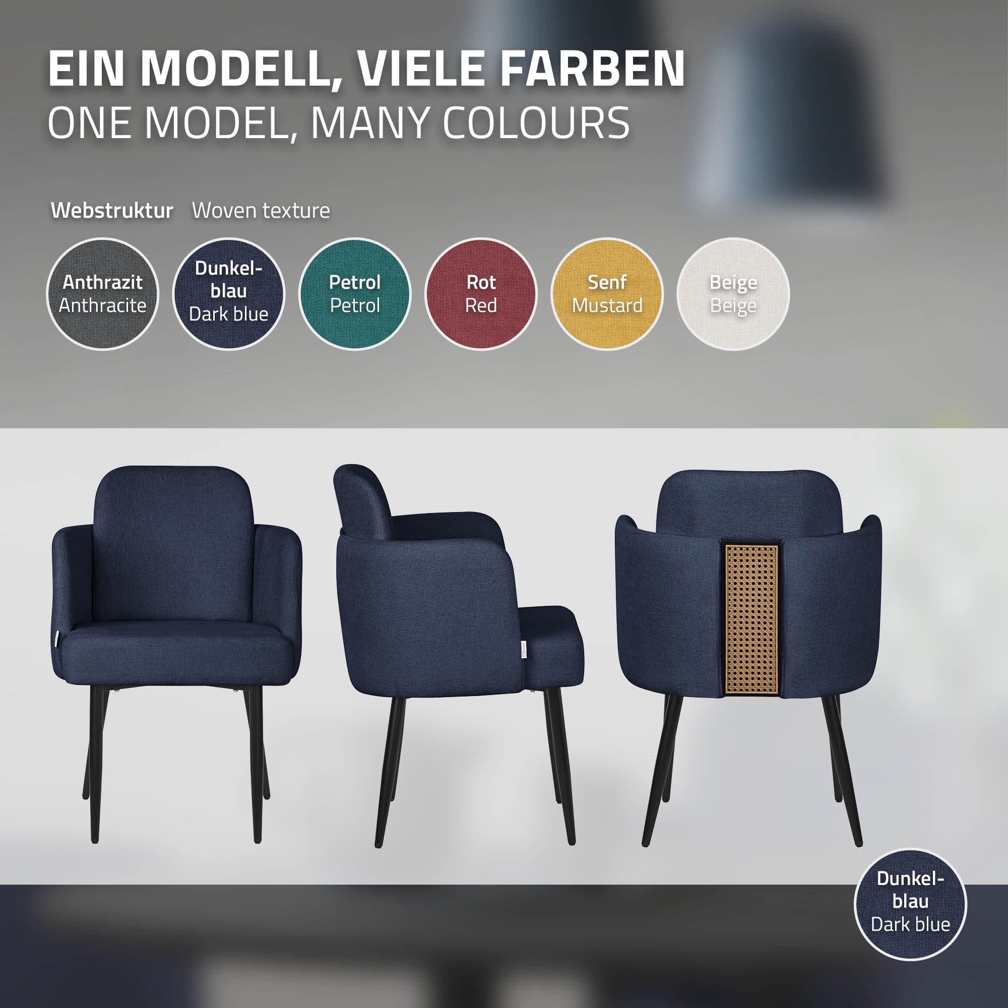 Drei Stühle in verschiedenen Farben auf einem hellen Hintergrund.