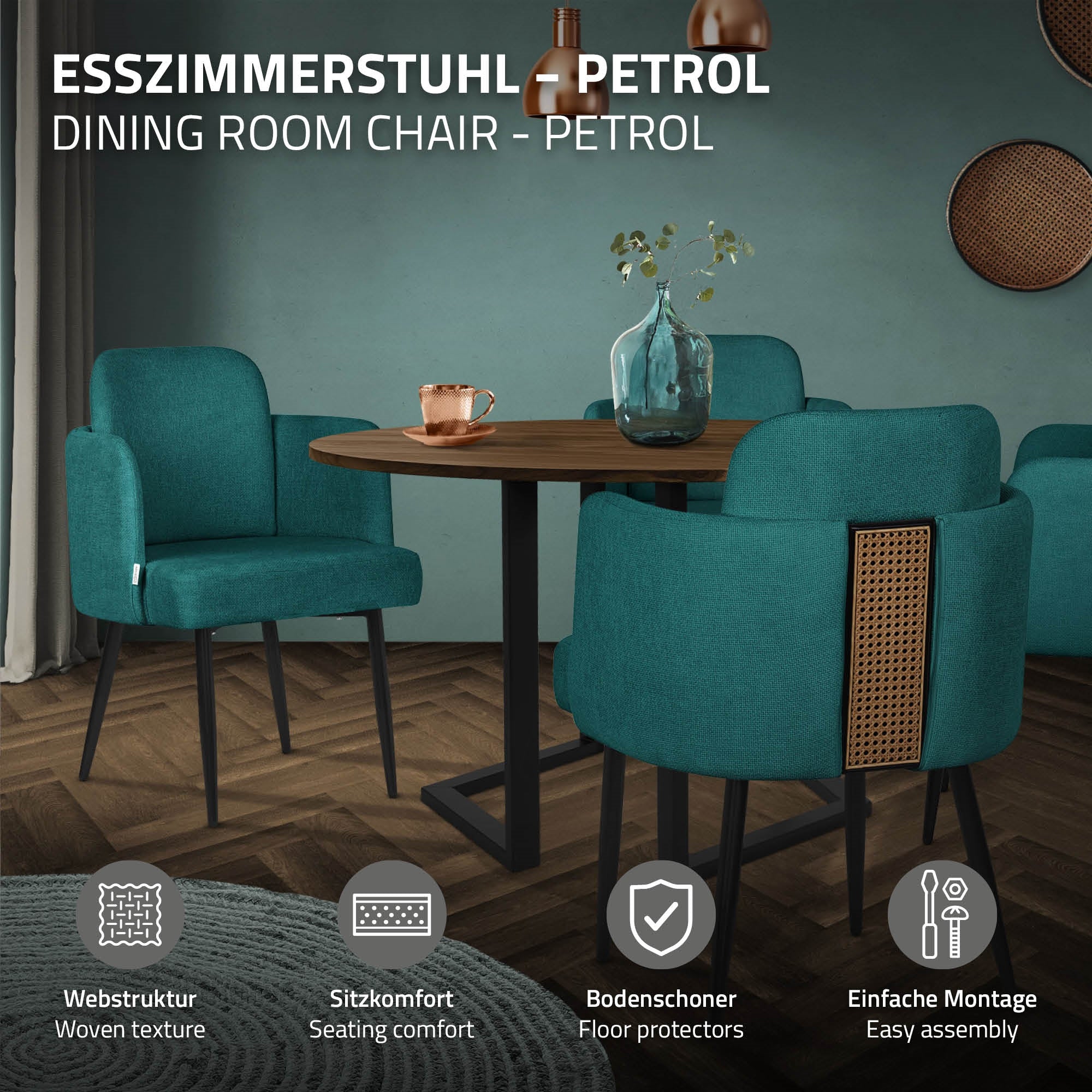 Esszimmerstuhl in Petrolfarbe, abgebildet mit Montagehinweisen und Eigenschaften.