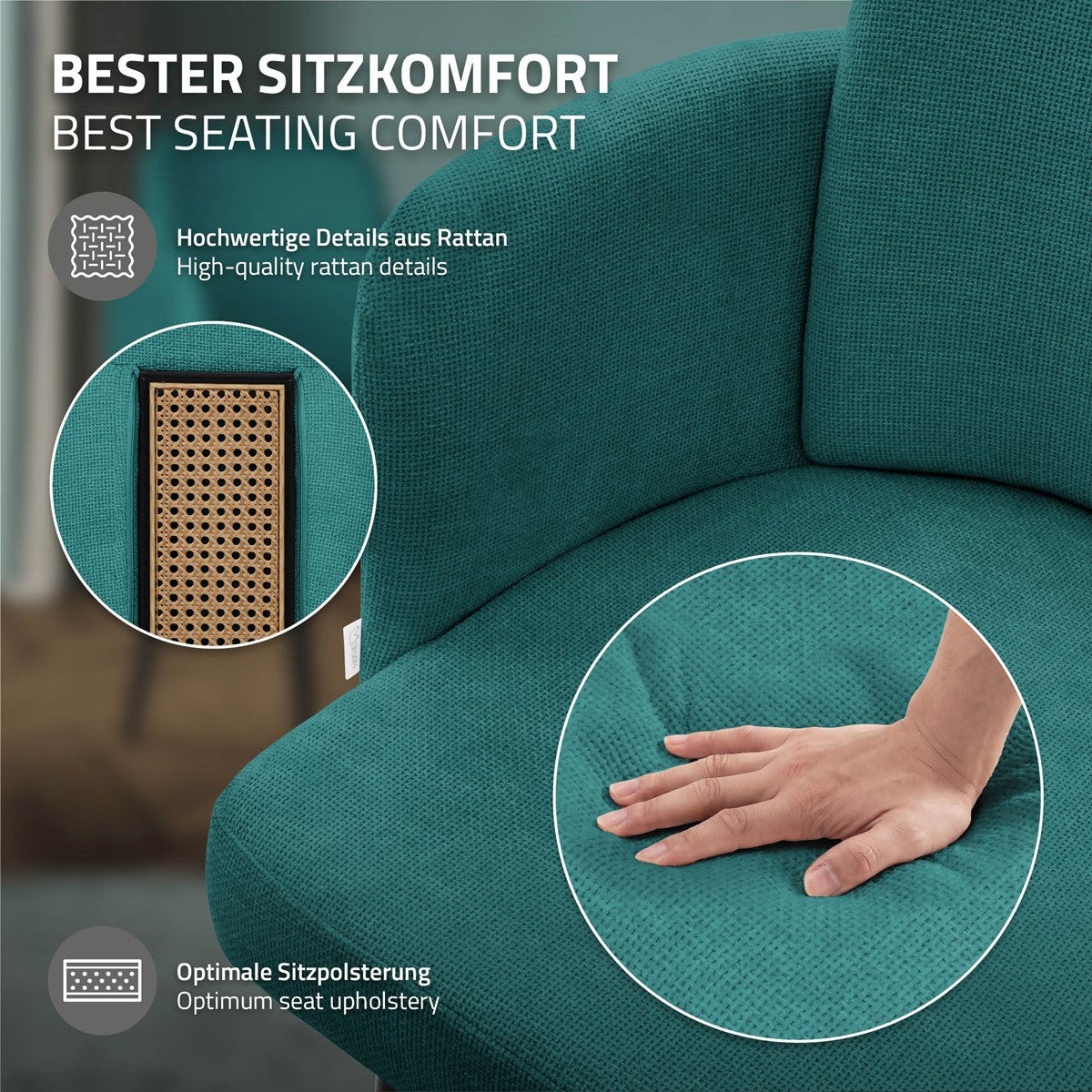 Zöld szék közelről, rattan részletekkel és egy kézzel az ülőfelületen.