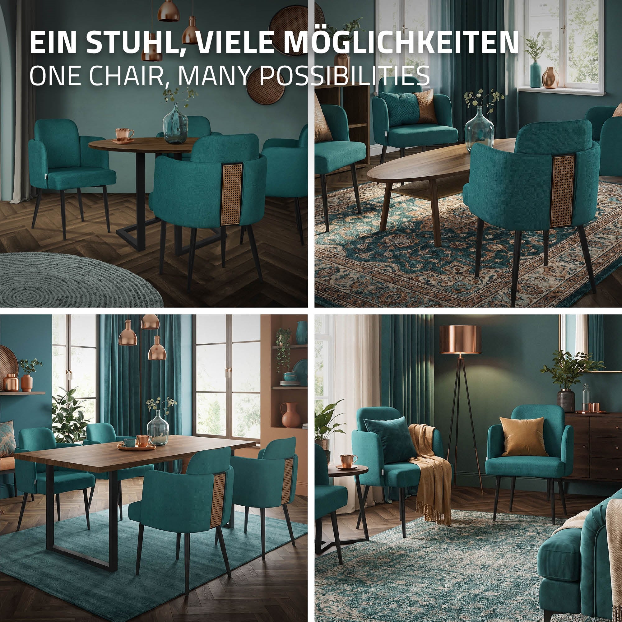Verschiedene Ansichten eines grünen Stuhls in einem eleganten Raum mit Tisch.