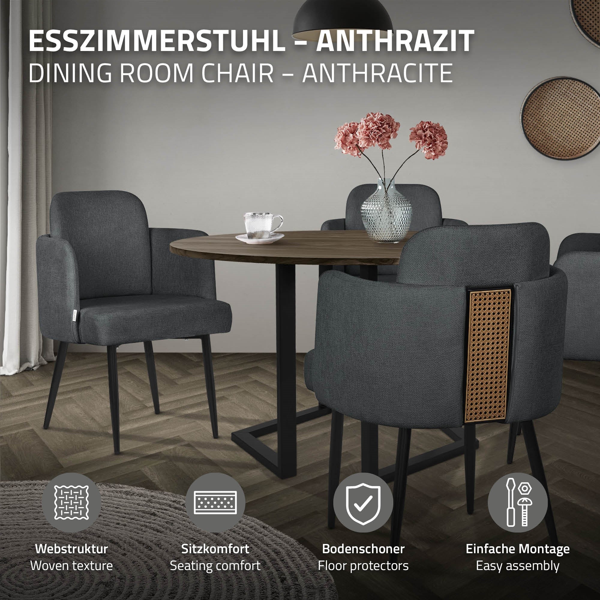 Esszimmerstuhl in Anthrazit mit Informationen zu Struktur und Montage.