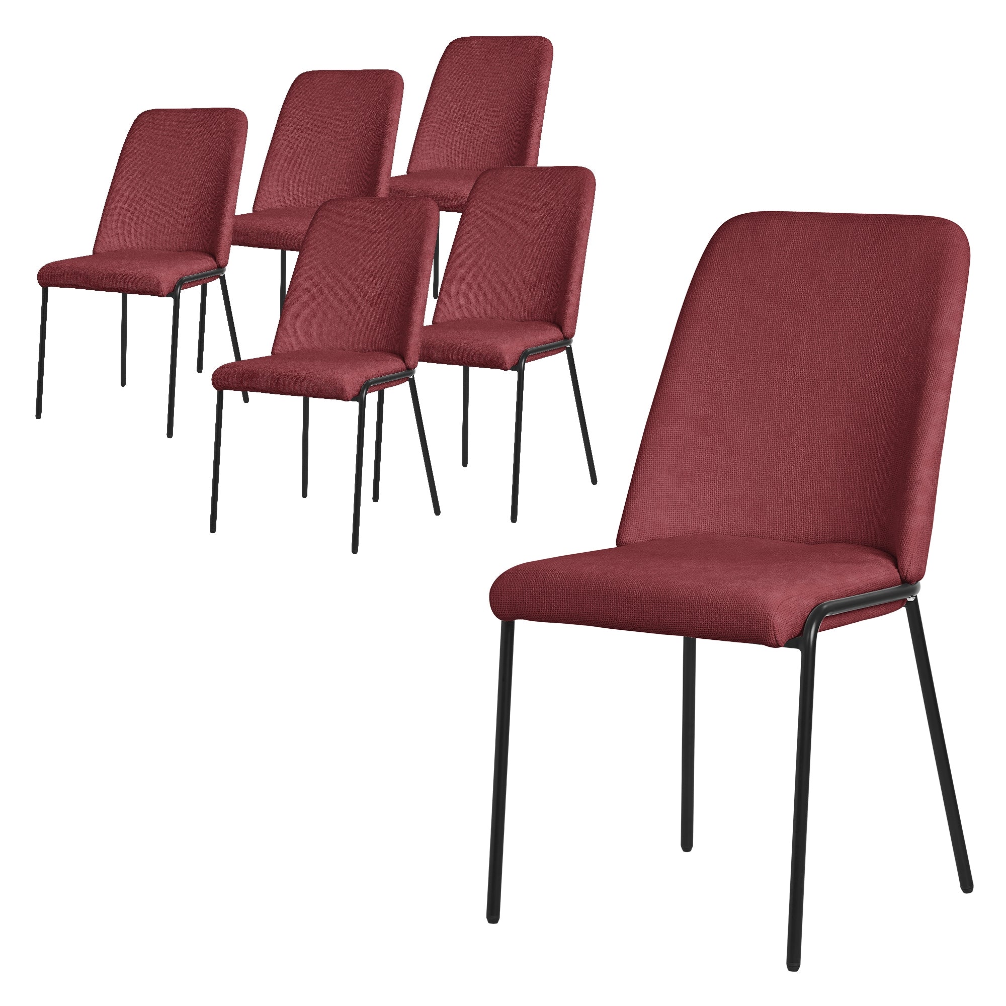 Sechs rote Stühle mit schwarzem Gestell auf hellem Hintergrund.