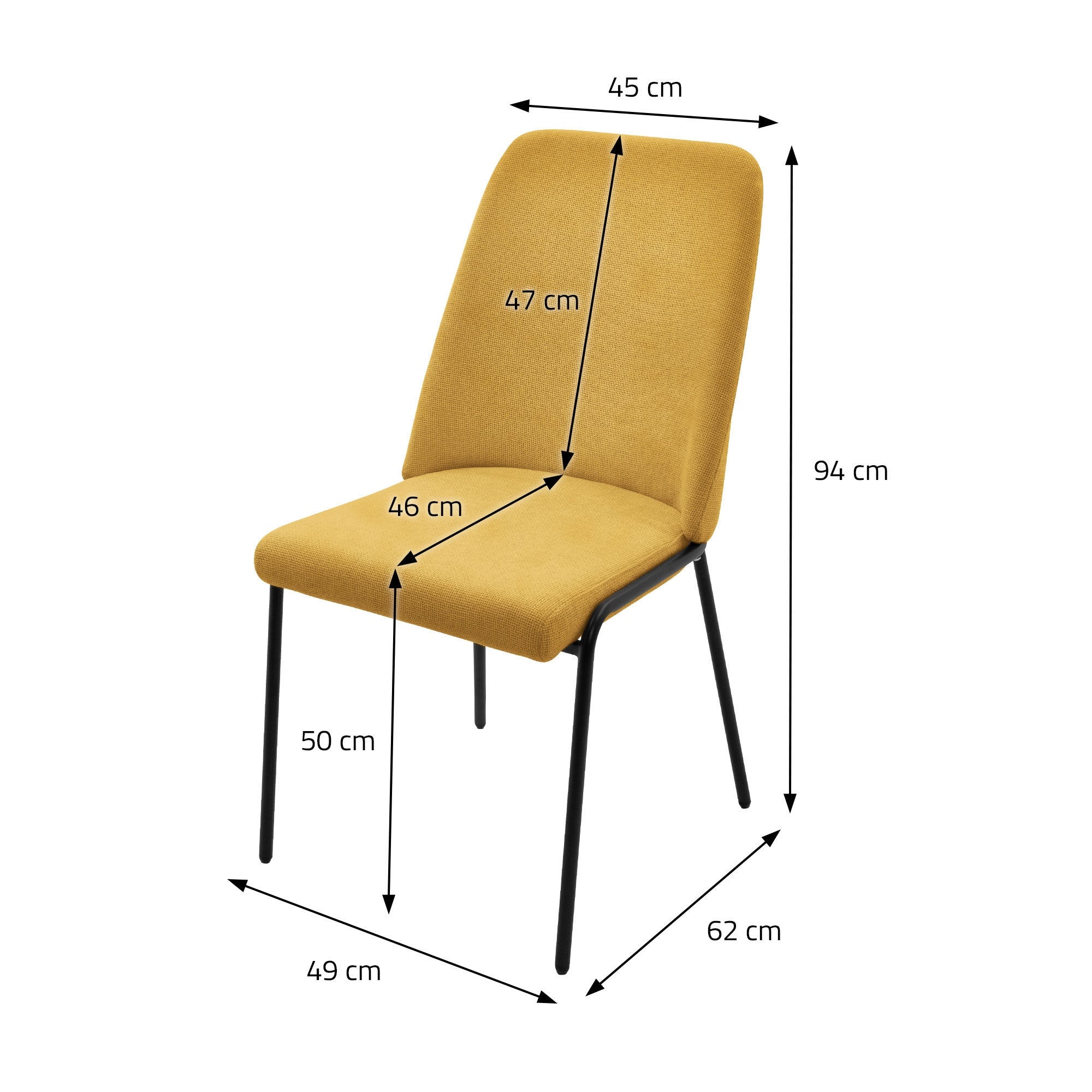 Keltainen tuoli mittojen kanssa grafiikassa.