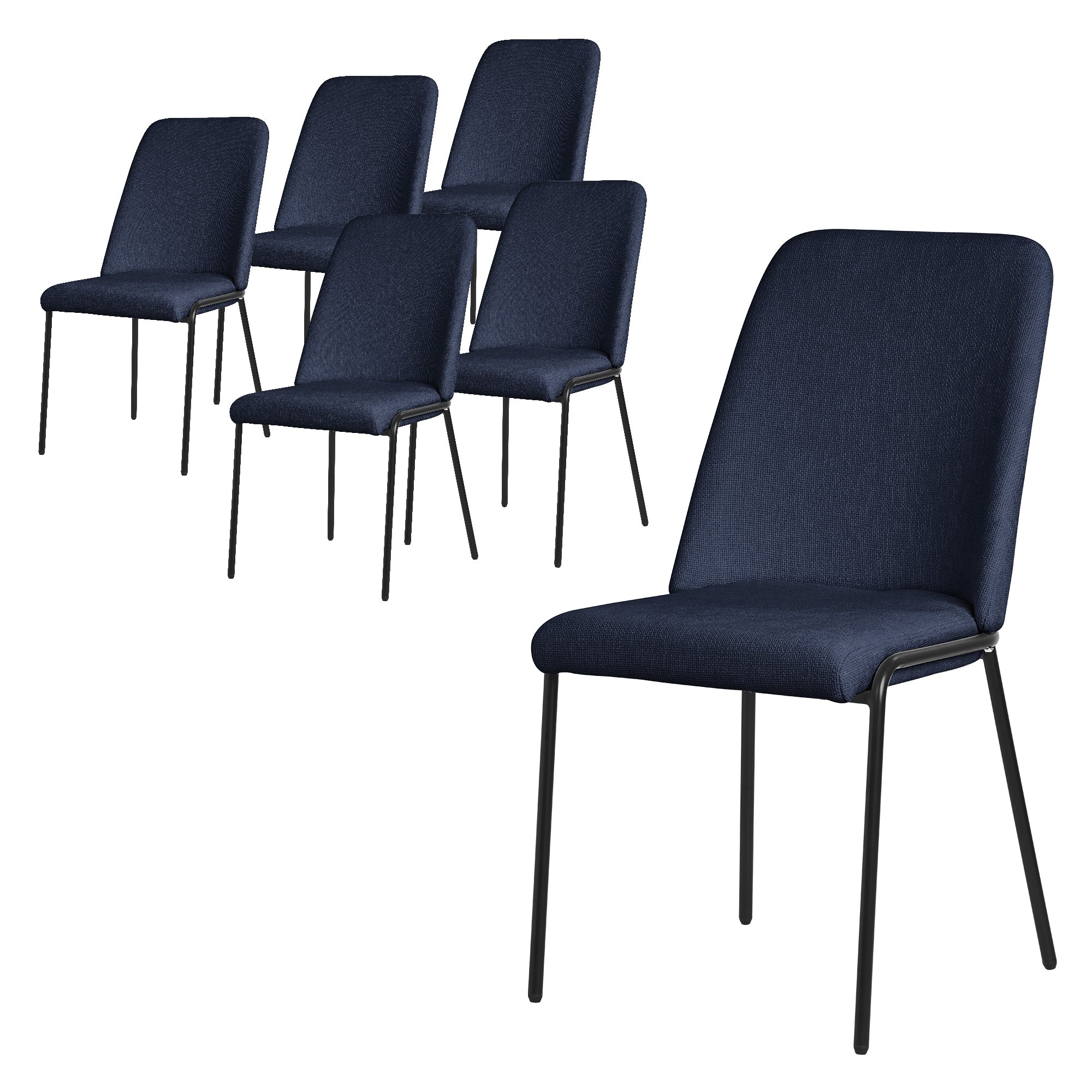 Sechs dunkelblaue Stühle mit schwarzen Beinen auf hellem Hintergrund.