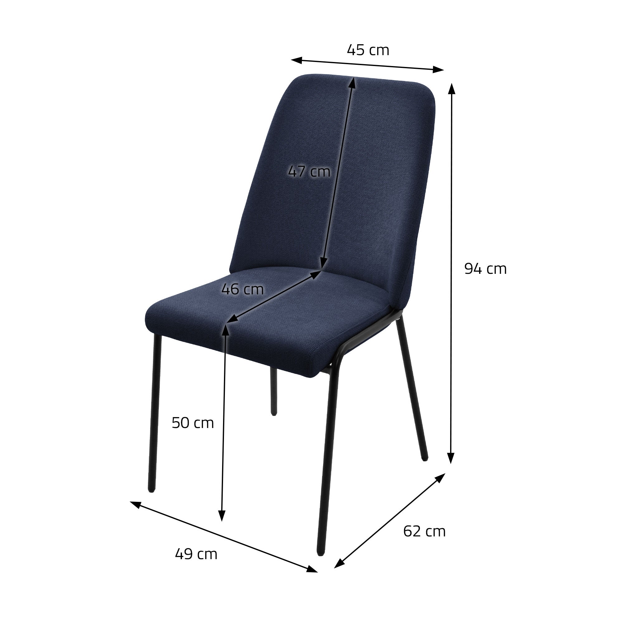 Kék szék méretmegjelöléssel centiméterben.