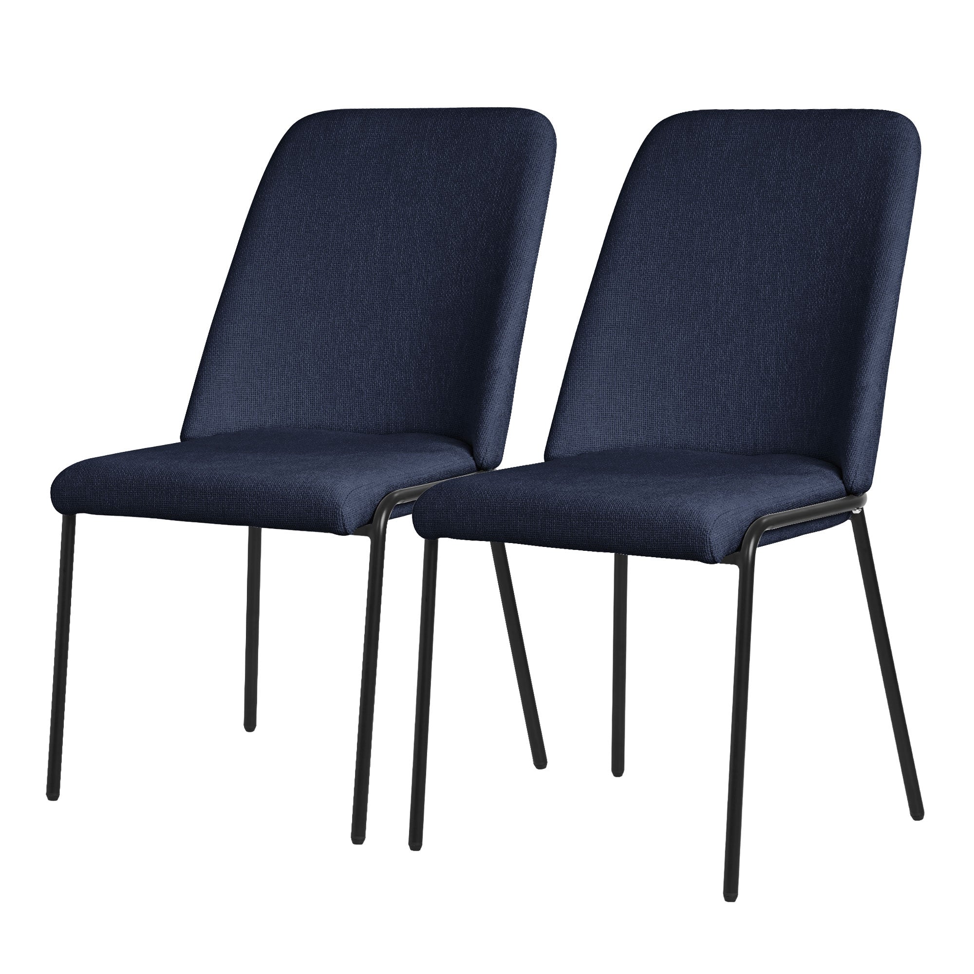Zwei dunkelblaue Stühle mit schwarzen Beinen auf einem weißen Hintergrund.