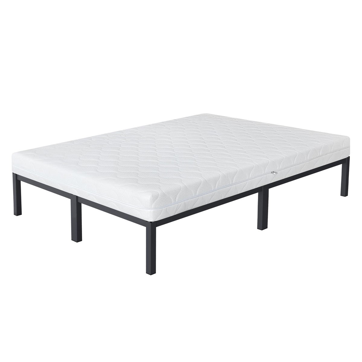 Weißes Bett mit Matratze auf einem schwarzen Gestell.
