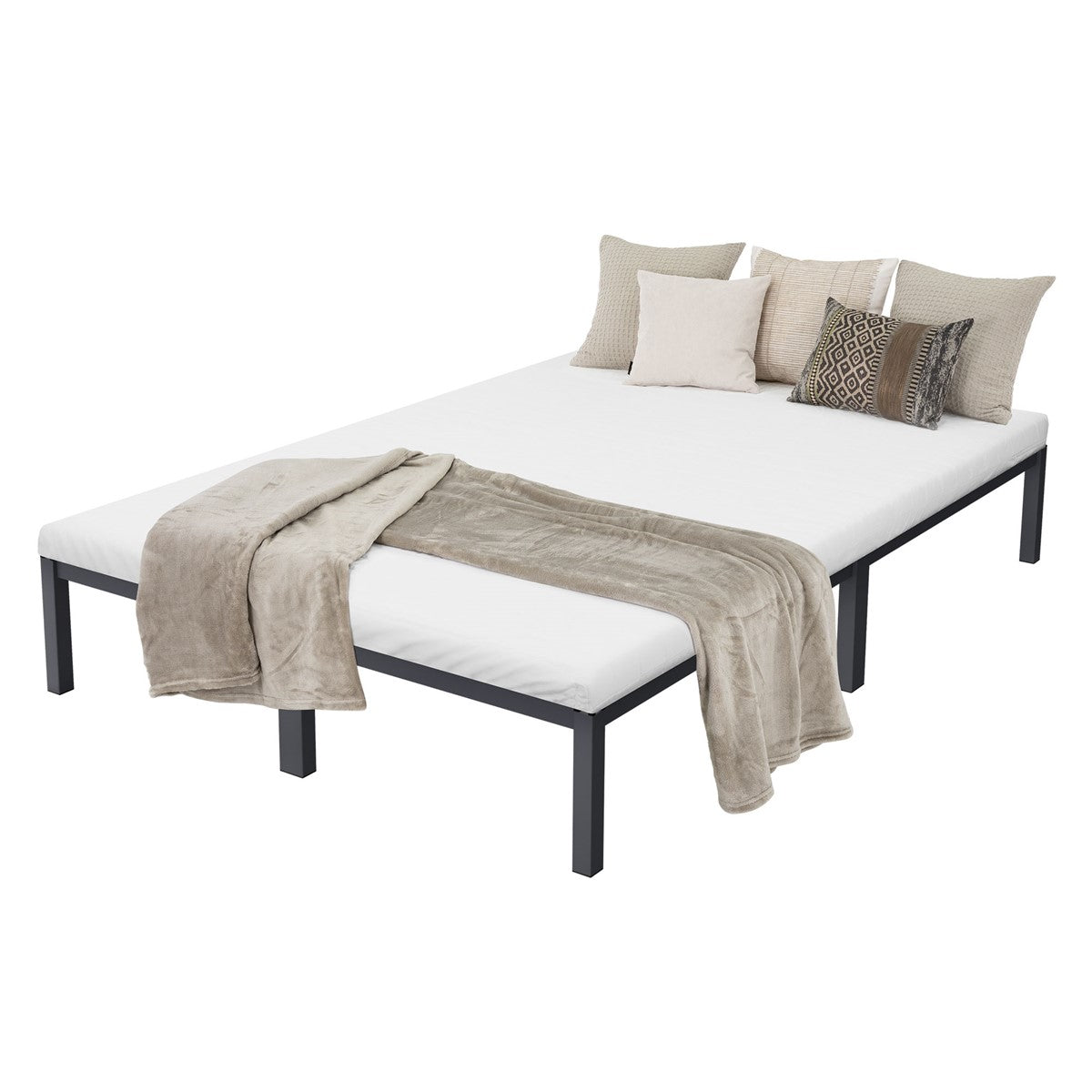 A bed with white sheets and several pillows on the surface.