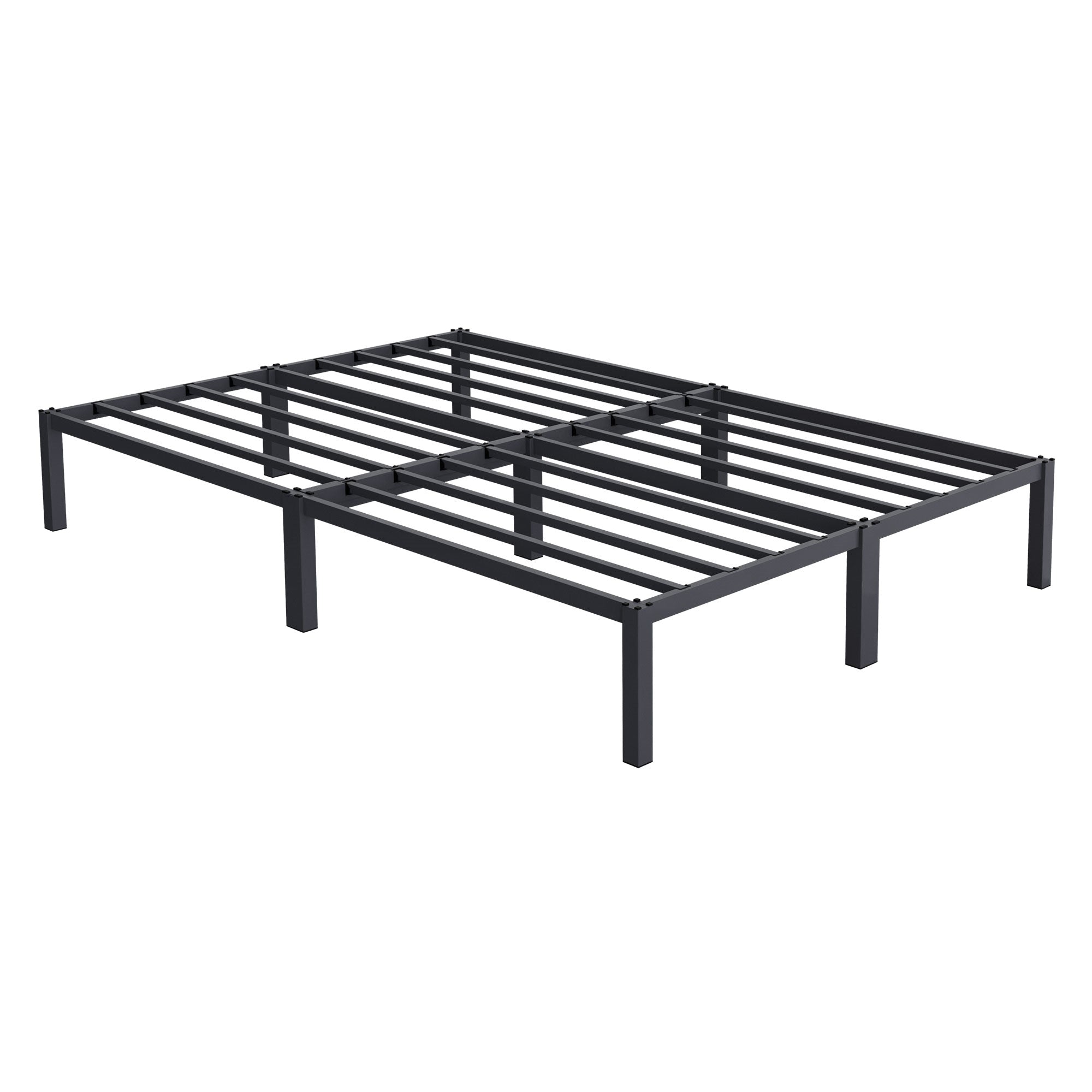 Schwarzes Metallgestell für ein Bett, ohne Matratze.