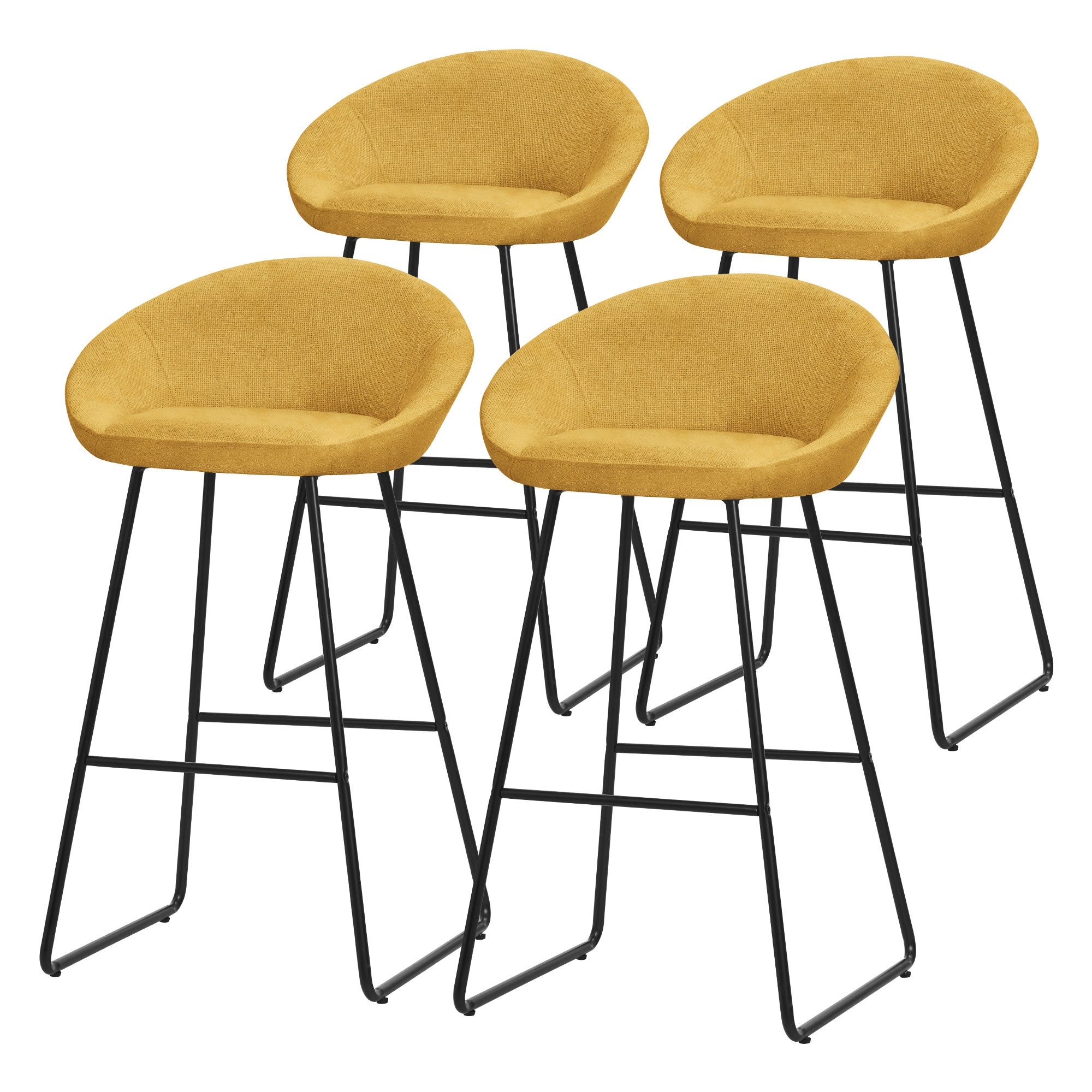 Vier gelbe Barhocker mit runder Sitzfläche und schwarzen Metallbeinen.