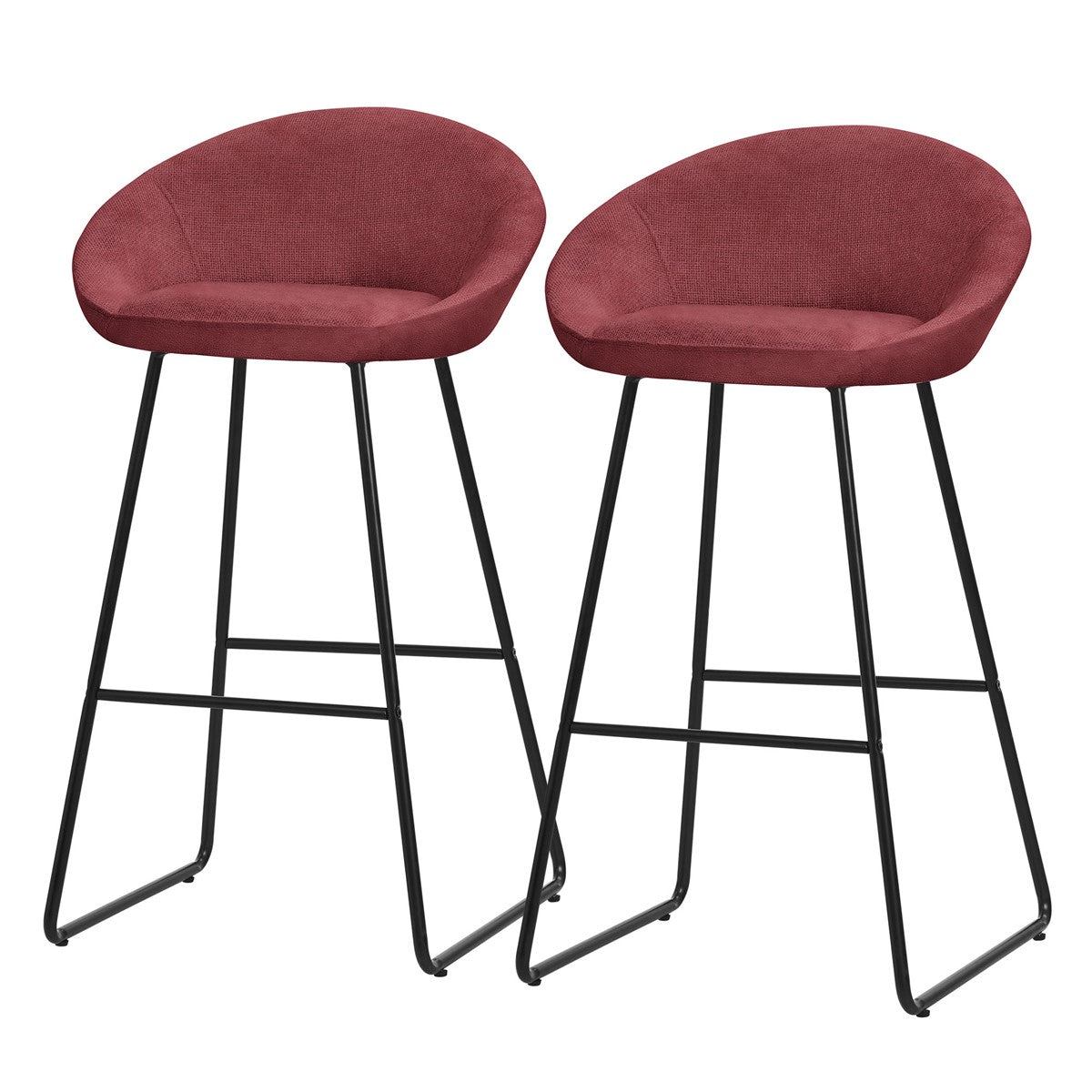 Two red bar stools with black frames on a light-colored floor.