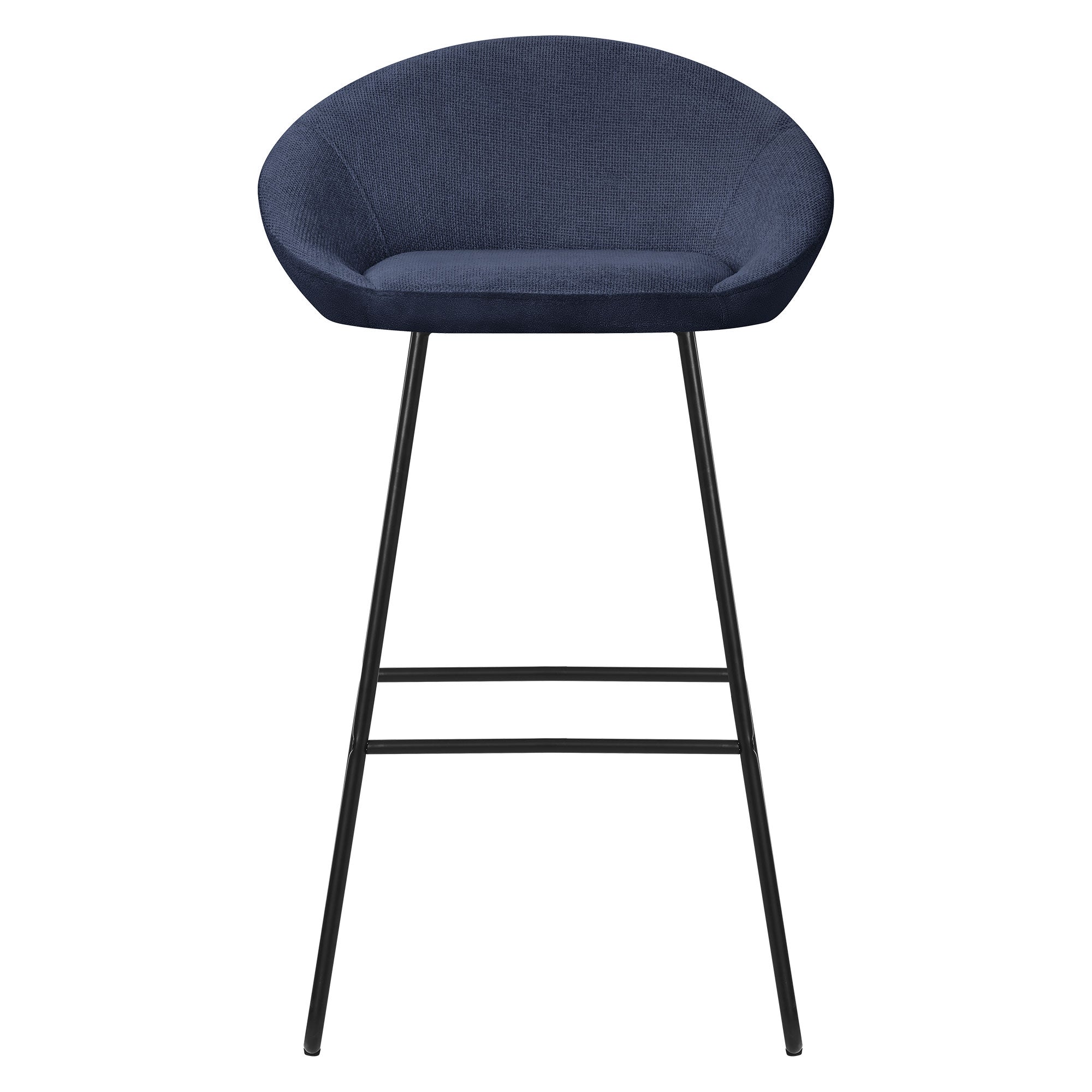 Ein einzelner blauer Barhocker mit runder Sitzfläche und schwarzen Metallbeinen.