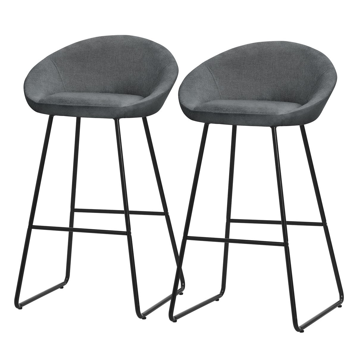 Two gray bar stools with round seats and black metal legs.