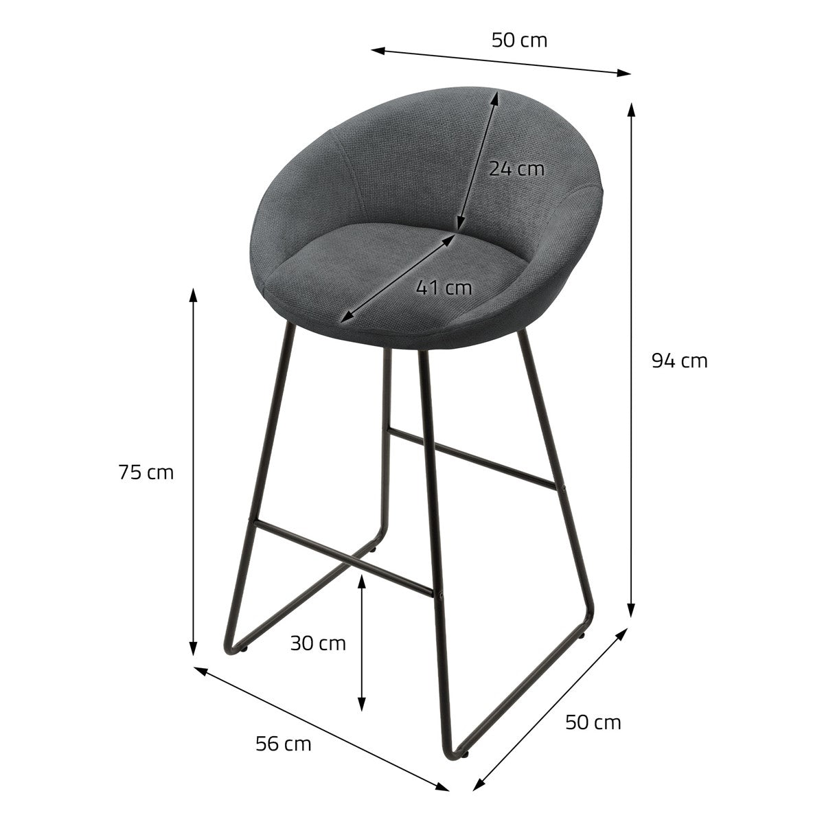 Hochstuhl mit Maßen: 50 cm Breite, 94 cm Höhe, 30 cm Fußstütze.
