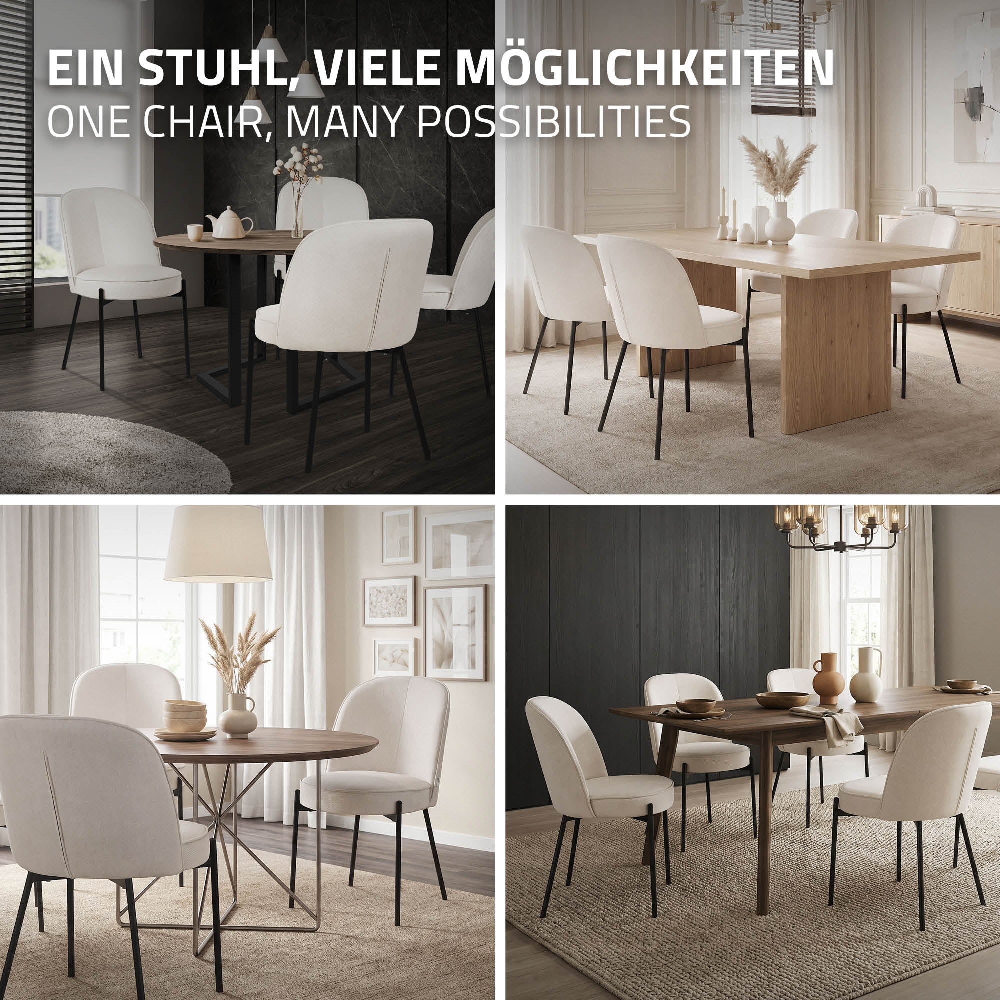 Verschiedene Esszimmeranordnungen mit einem Stuhl in mehreren Räumen.