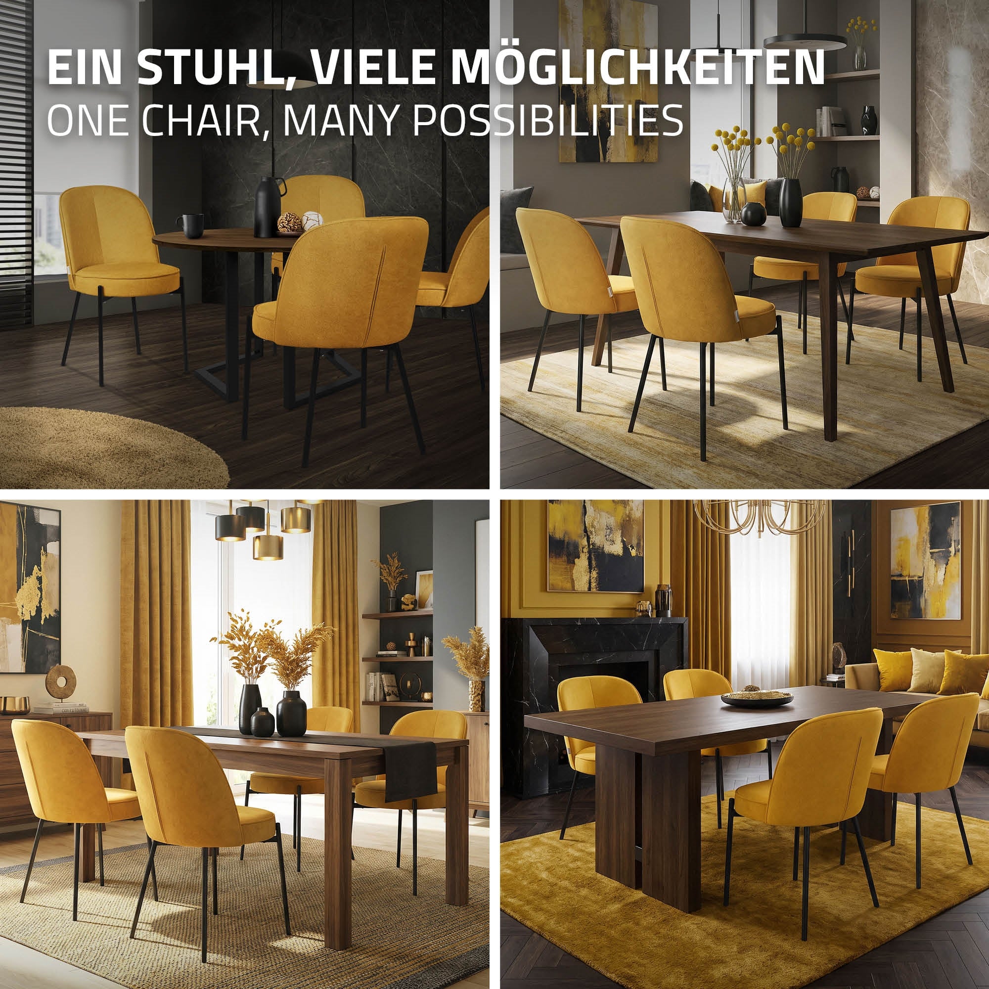 Vier Bilder eines Esszimmers mit gelben Stühlen und einem Holztisch.