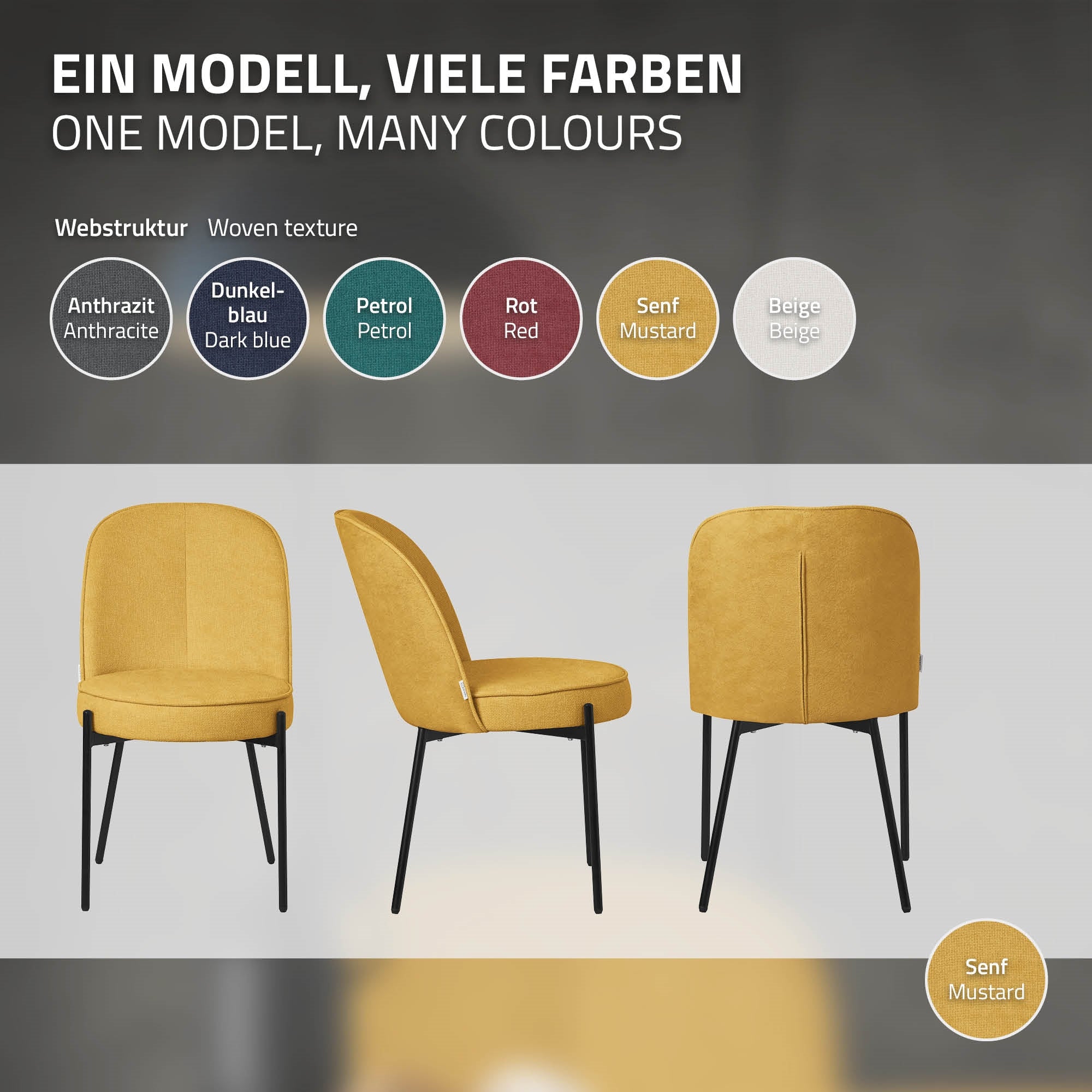 Gelbe Esszimmerstühle in verschiedenen Farben auf einem hellen Hintergrund.