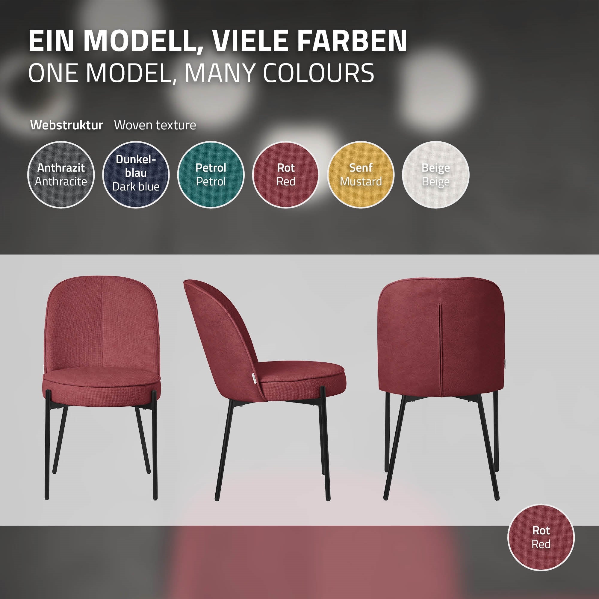 Chaises rouges de différentes couleurs sur un fond gris.